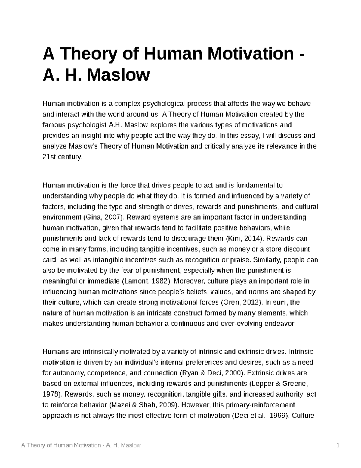 A Theory of Human Motivation - H. Maslow 1 A Theory of Human Motivation ...