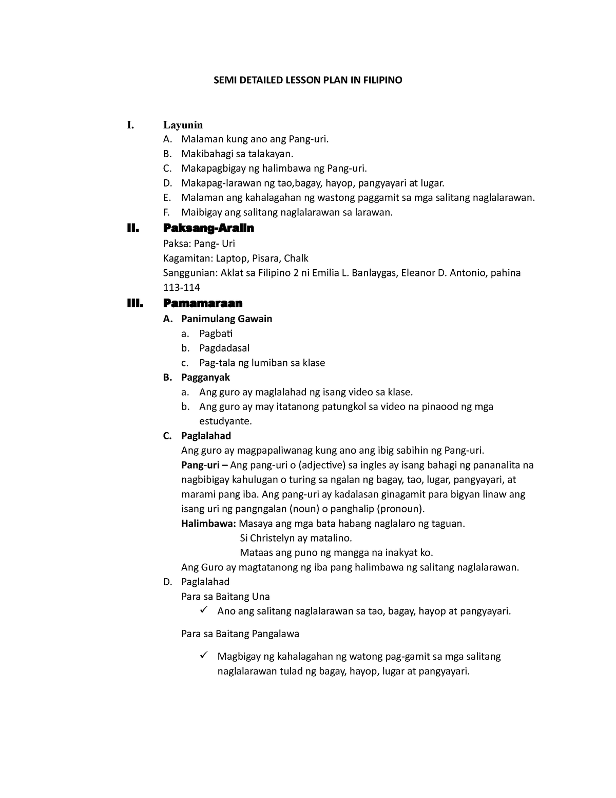 SEMI Detailed Lesson PLAN IN Filipino SEMI DETAILED LESSON PLAN IN