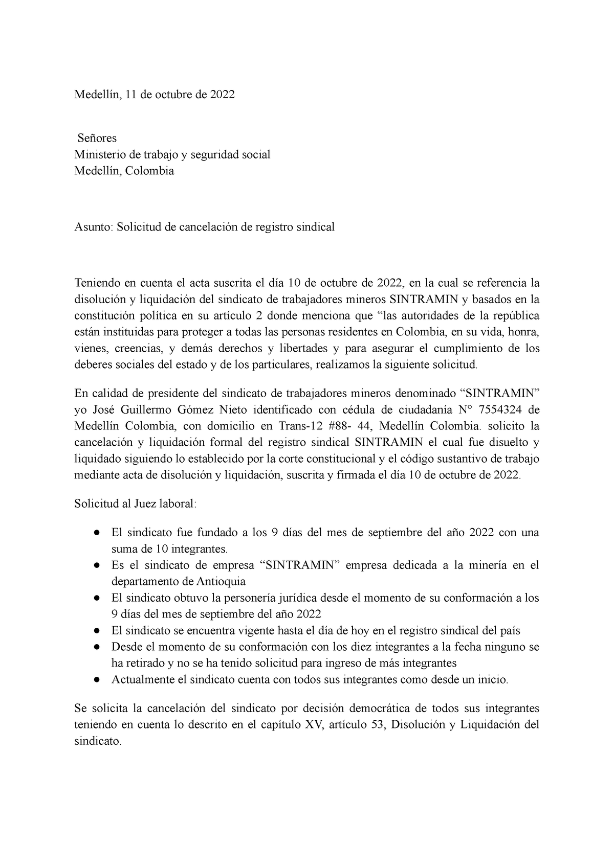 Solicitud De Cancelacion Sindical Medellín 11 De Octubre De 2022