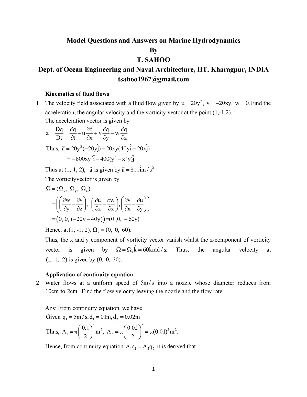 Nptel Tsahoo Mar Hydro Question And Answer Fluid Mechanics Ae4 Studocu