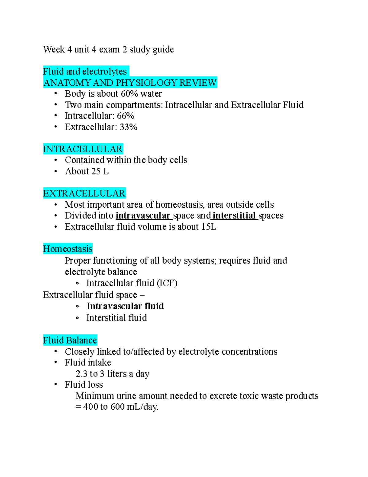 Exam 2 Study Guide - Notes - Week 4 Unit 4 Exam 2 Study Guide Fluid And ...