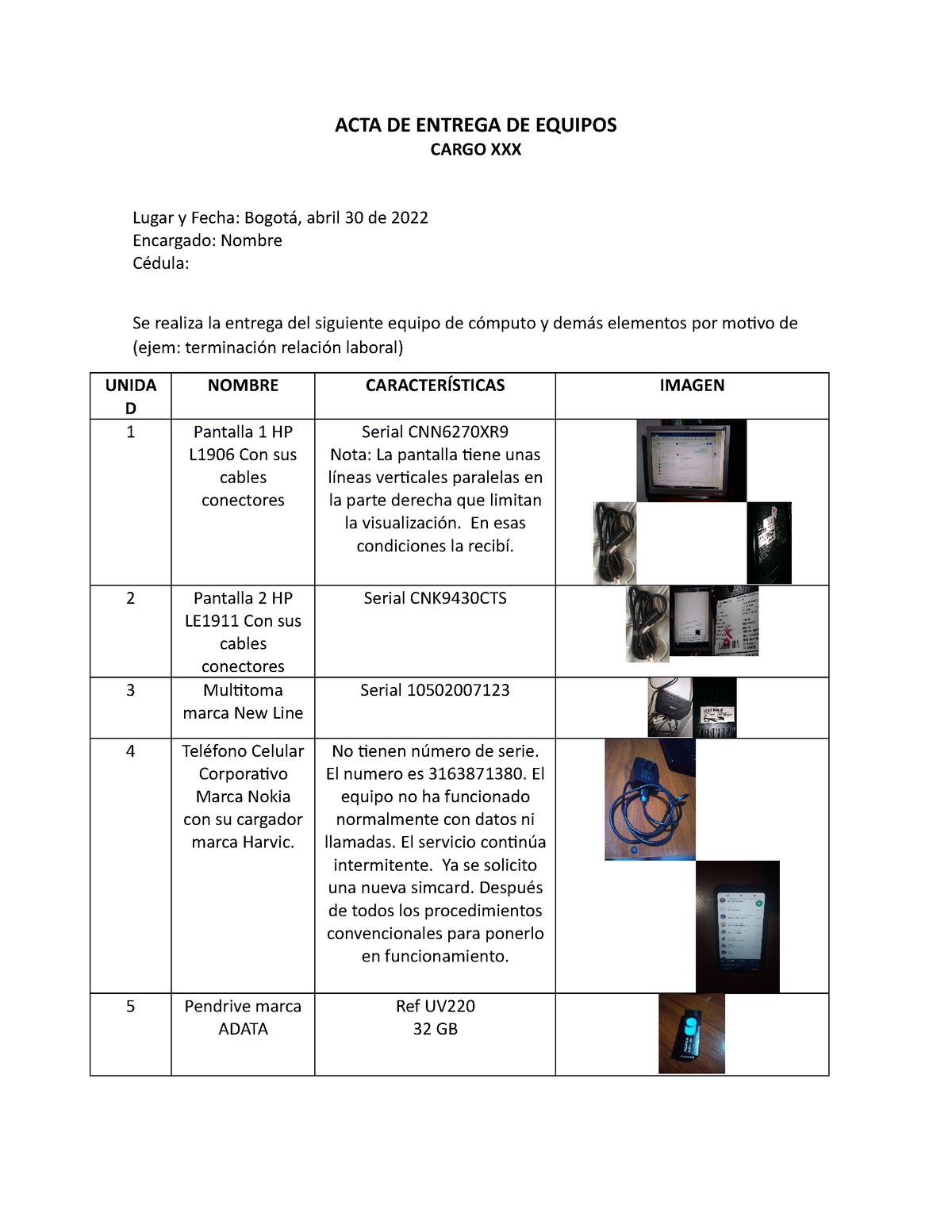 Acta De Entrega De Equipos Acta De Entrega De Equipos Cargo Xxx Lugar Y Fecha Bogotá Abril 