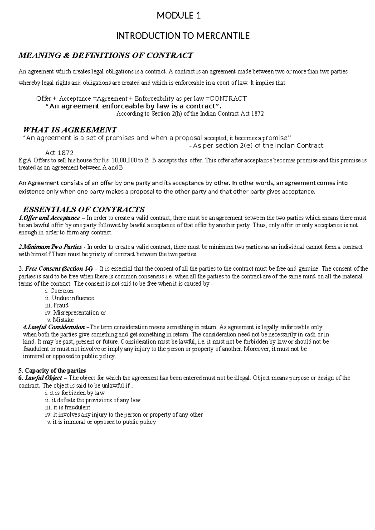 Module 1 law - MODULE 1 INTRODUCTION TO MERCANTILE MEANING ...