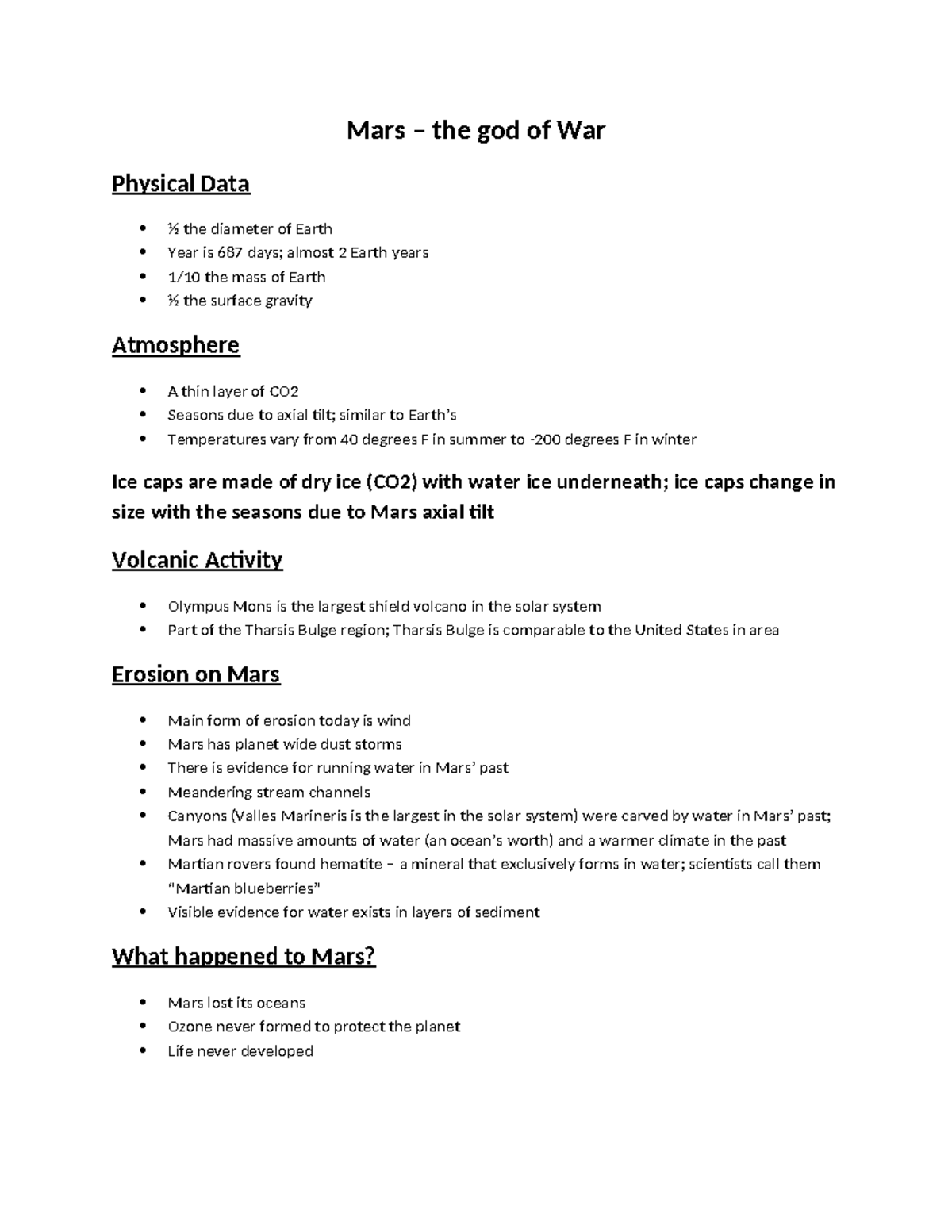 Mars - mars notes - Mars – the god of War Physical Data ½ the diameter ...