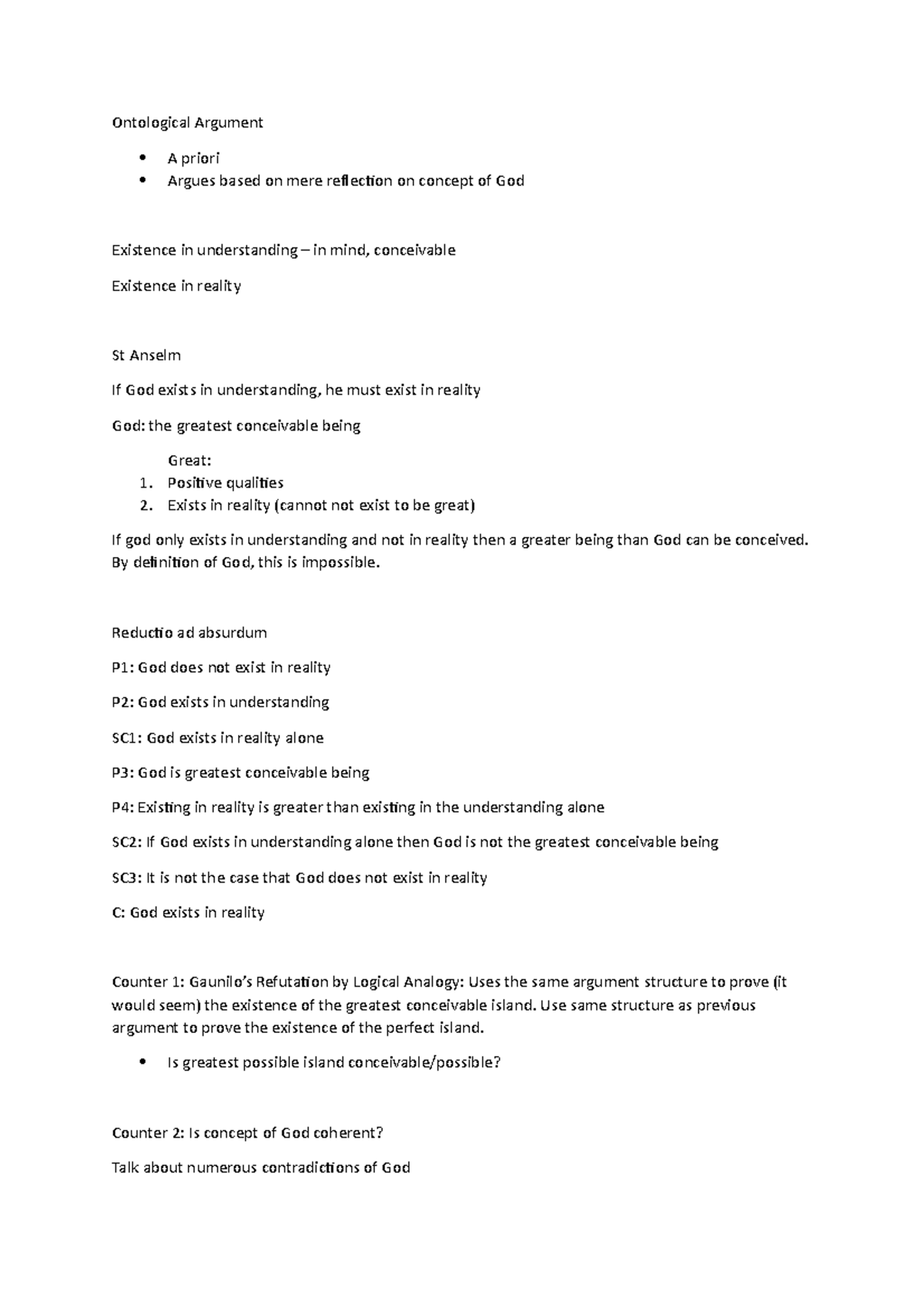 Ontological argument summary - Ontological Argument A priori Argues ...