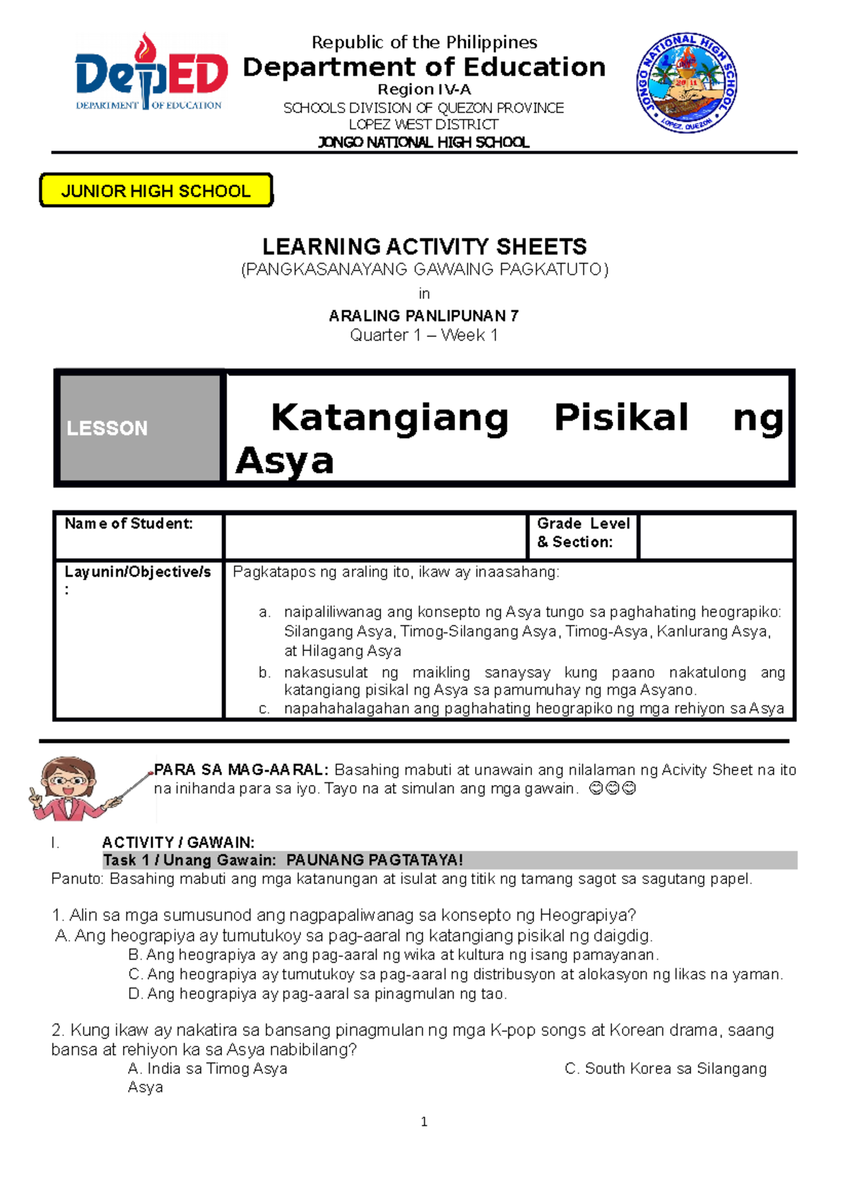 LAS AP7Q1W1 - LEARNING ACTIVITY SHEET - Republic Of The Philippines ...