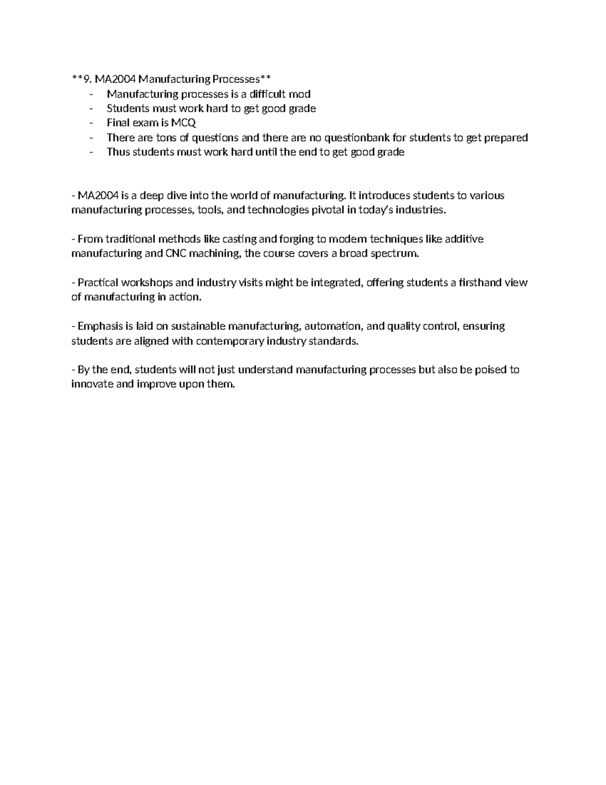MA2004 Manu Process overview - 9. MA2004 Manufacturing Processes ...