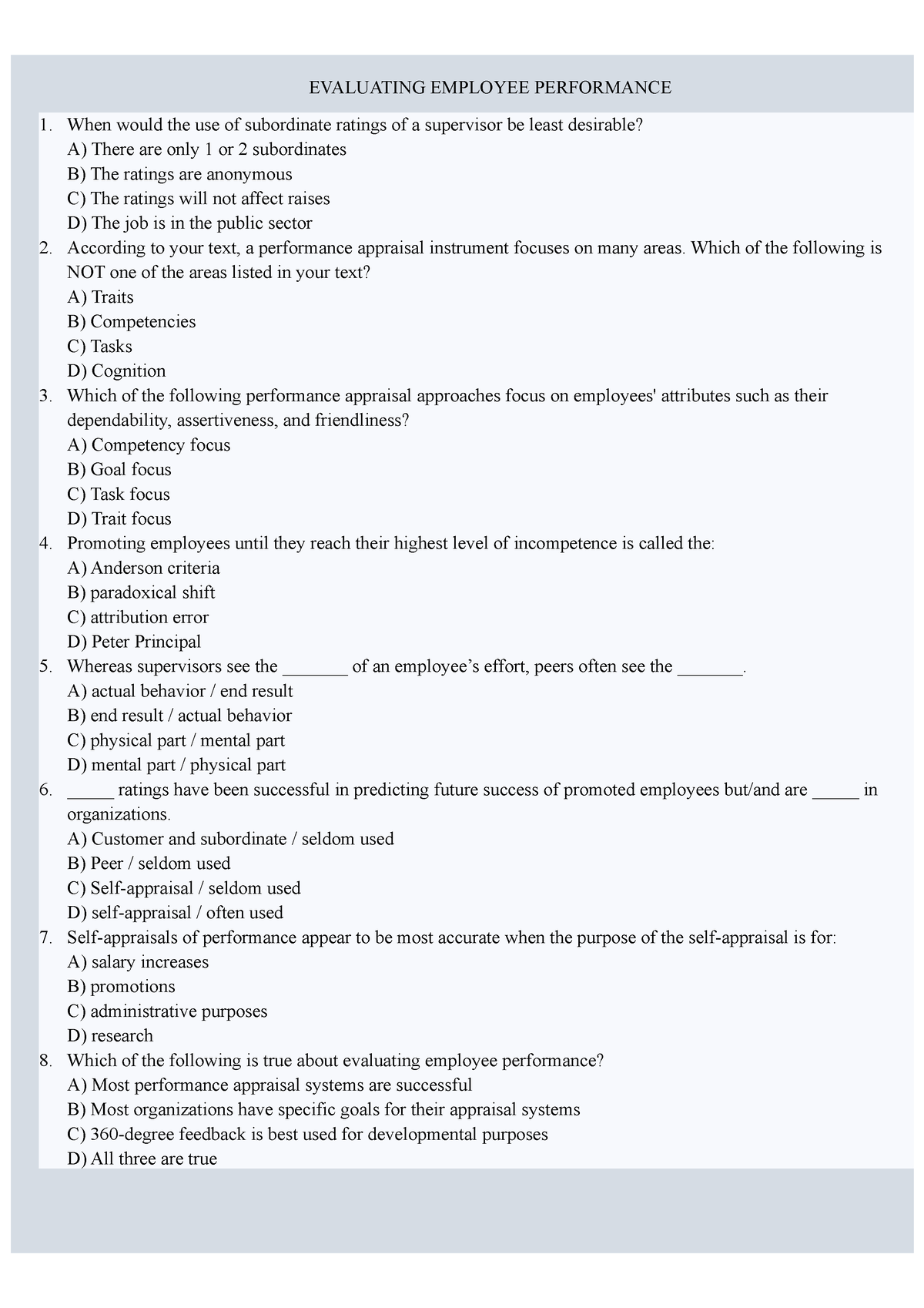 Evalauting MCQS - MCQ BY PROF. ALLOTTEY II - EVALUATING EMPLOYEE ...