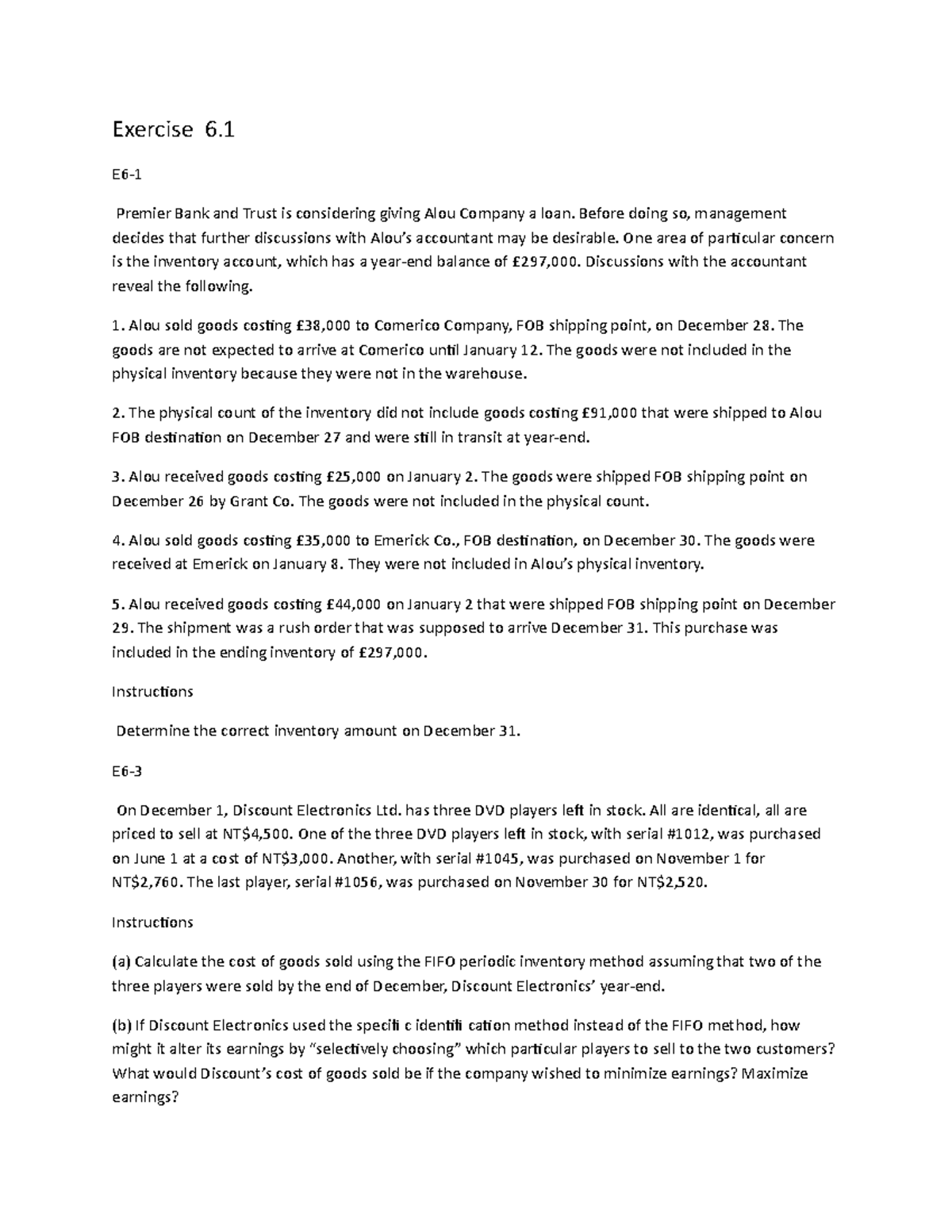 Account dereje Exercise 6. E6 Premier Bank and Trust is