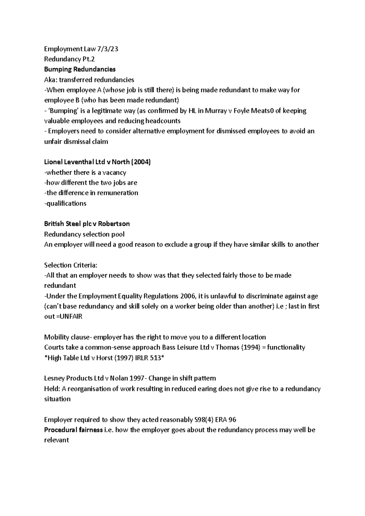 Redundancy pt - xxxxxx - Employment Law 7/3/ Redundancy Pt. Bumping ...