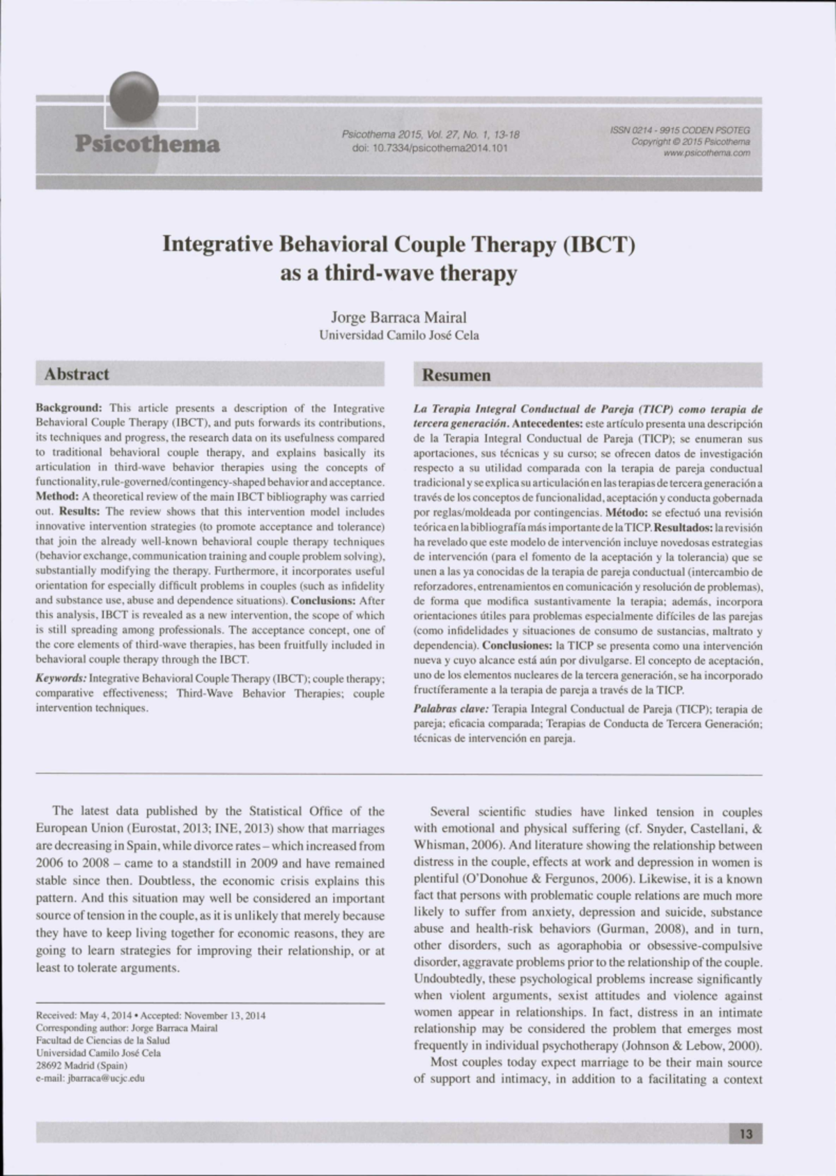 Integrative Behavioral Couple Therapy IBCT Barraca Mairal J 2015 ...