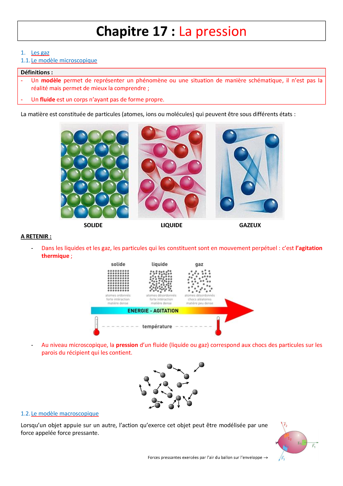 La-pression-cours - Cours - Chapitre 17 : La Pression Les Gaz Le Modèle ...