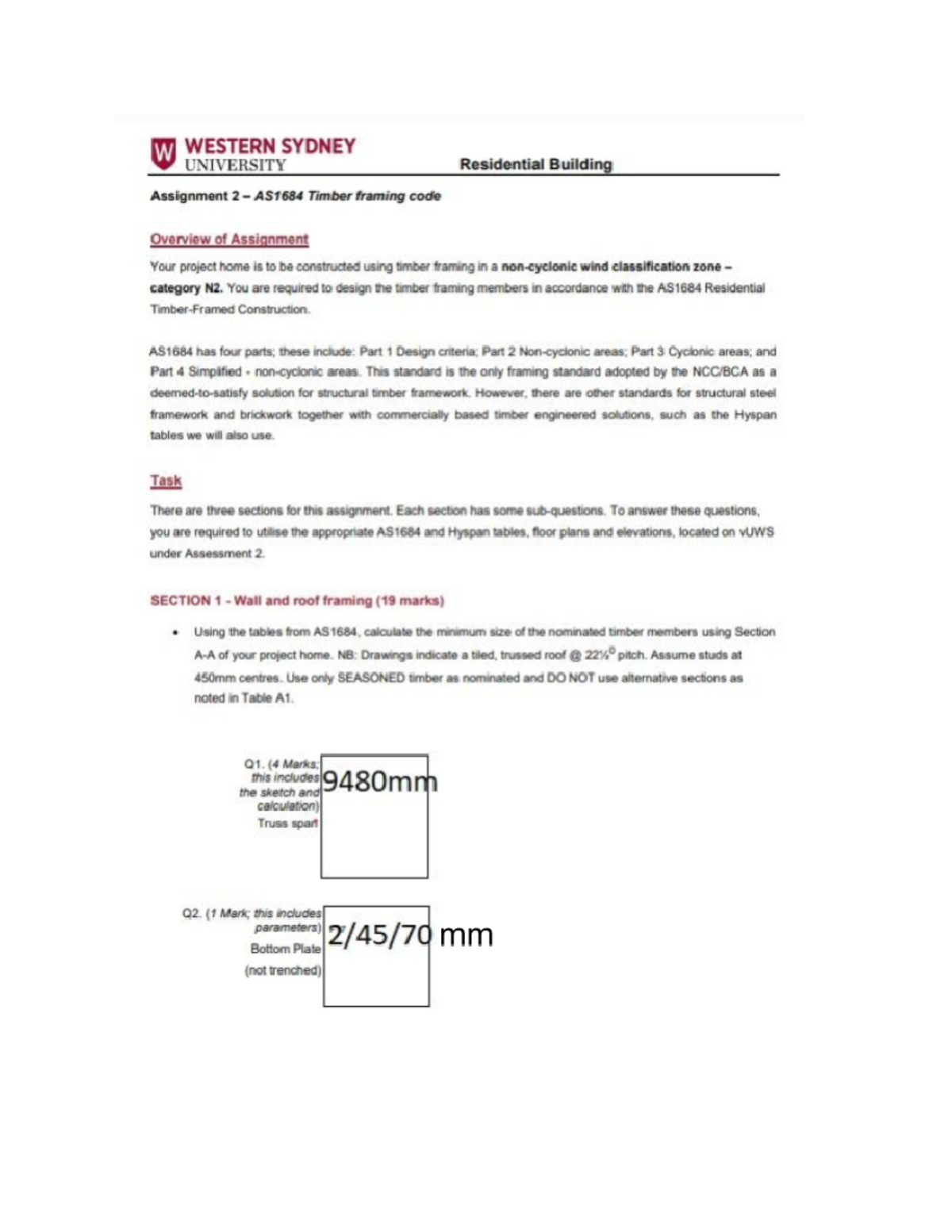 Residential Building Assignment 2 AS1684 Timber framing code