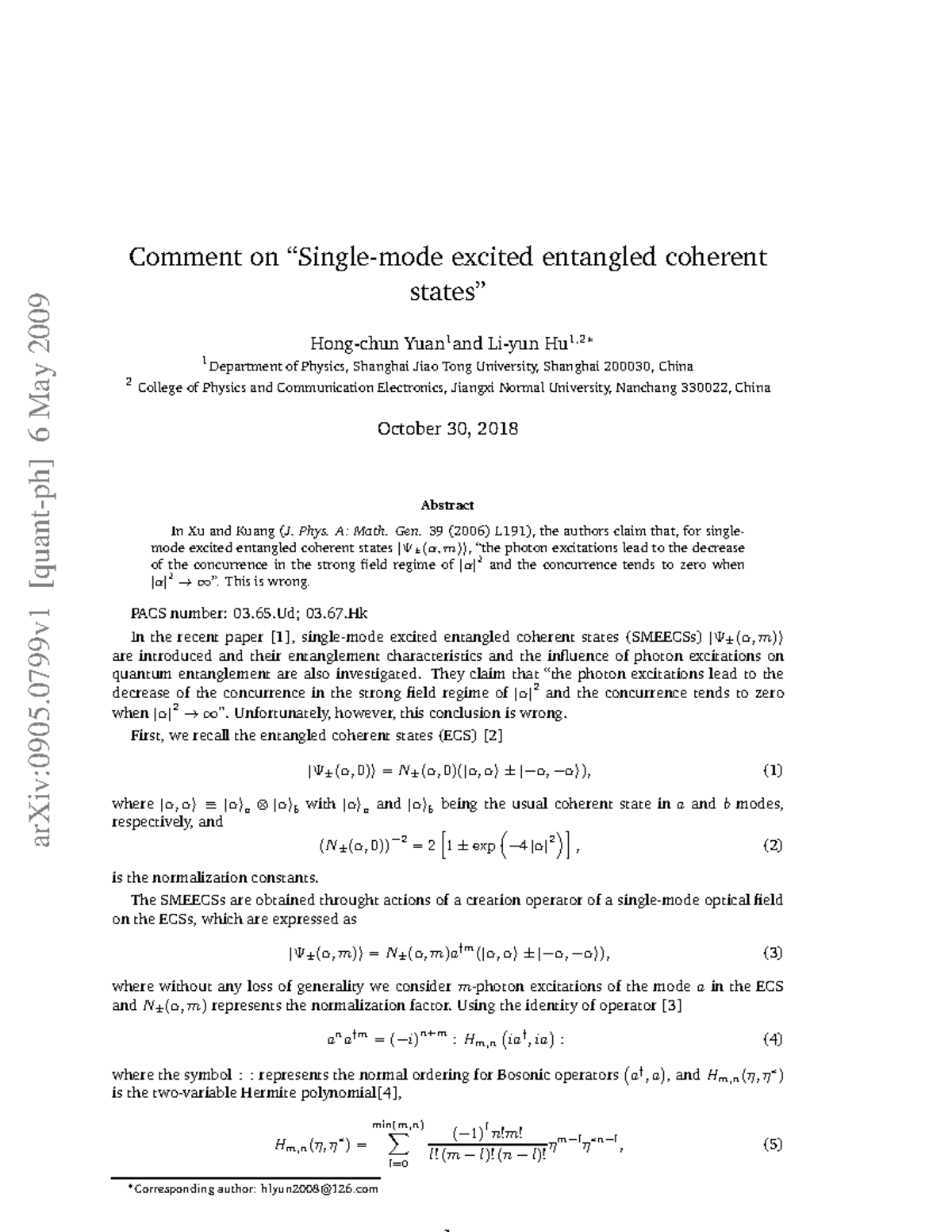 0905 - Cours - ArXiv:0905 [quant-ph] 6 May 2009 Comment On “Single-mode ...