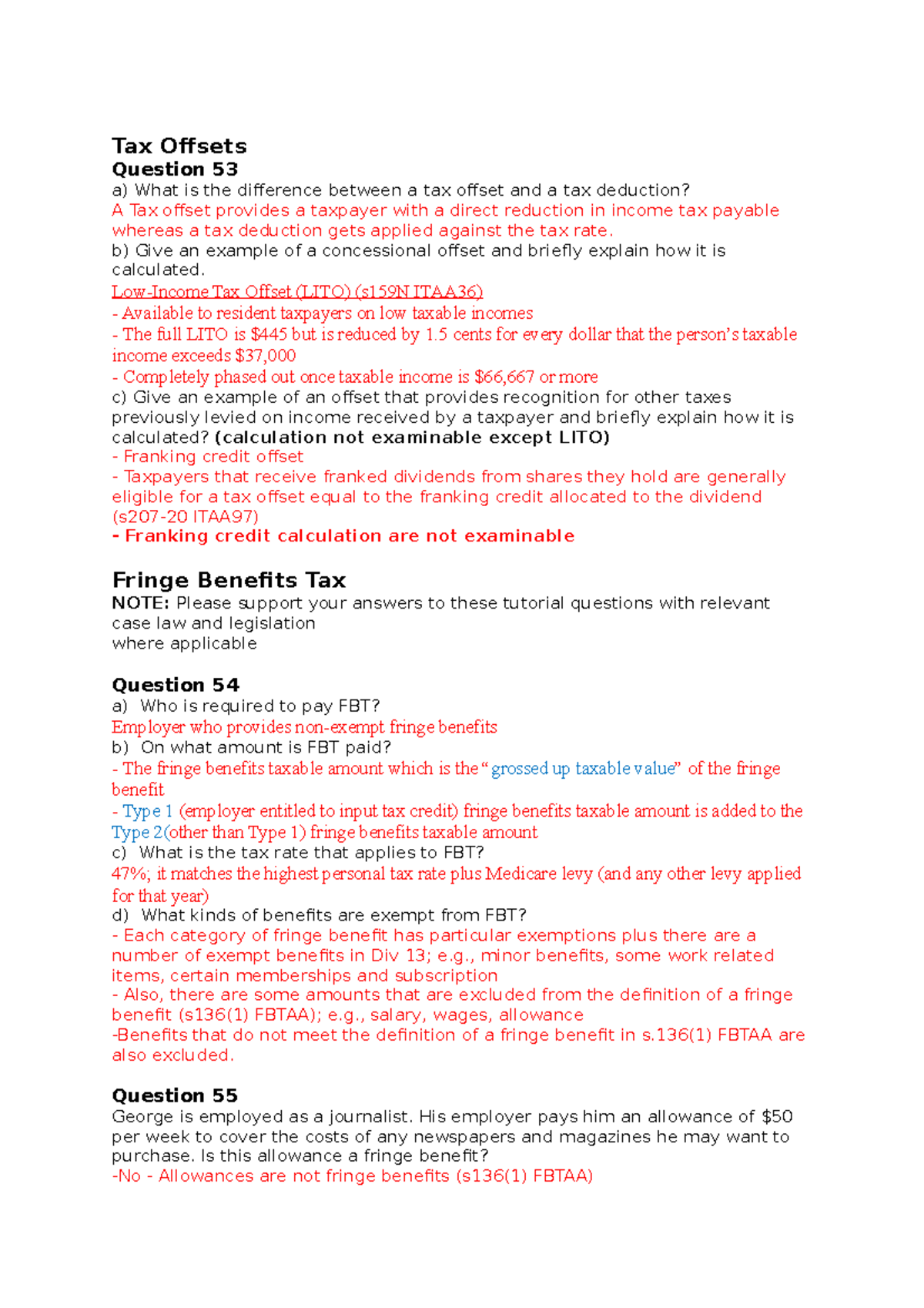 Tutorial 11. Fringe Benefit Tax Tax Offsets Question 53 a) What is the