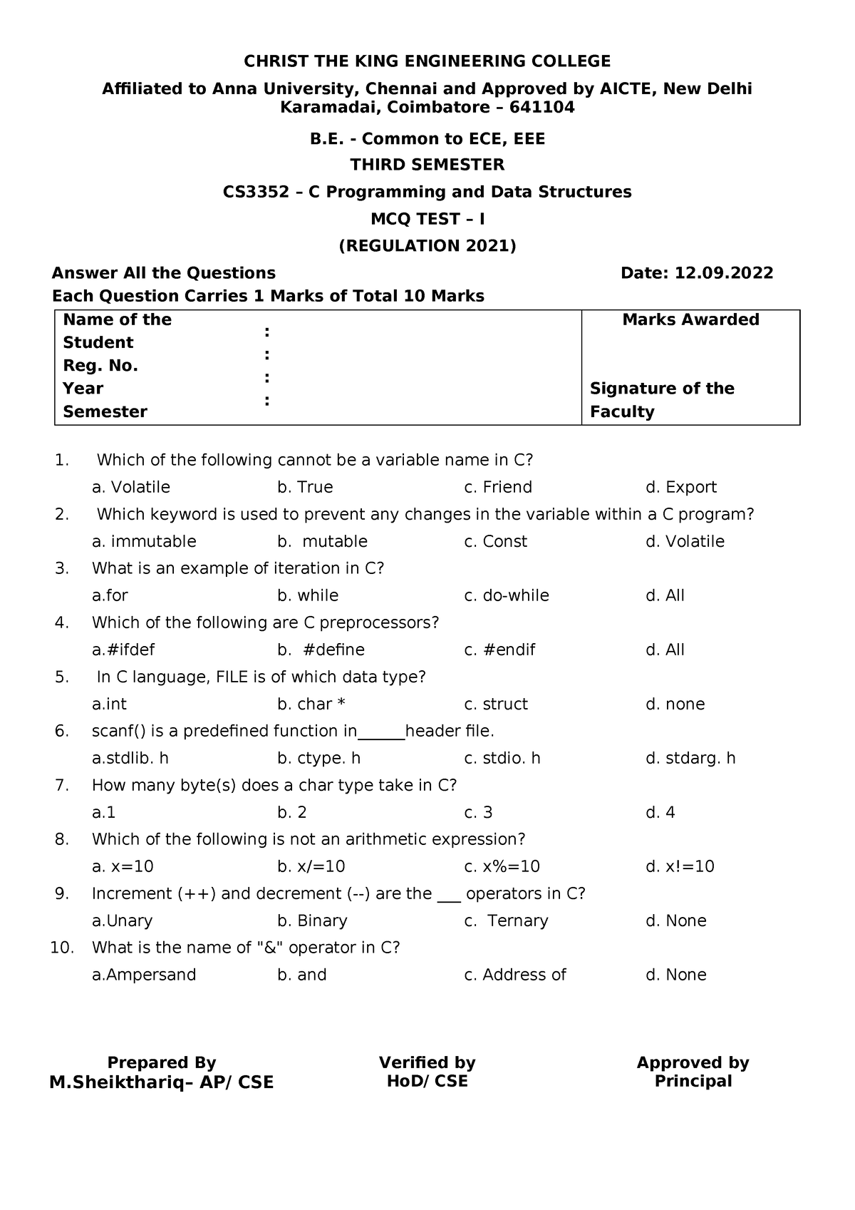 MCQ 1 - Mcq - CHRIST THE KING ENGINEERING COLLEGE Affiliated to Anna ...