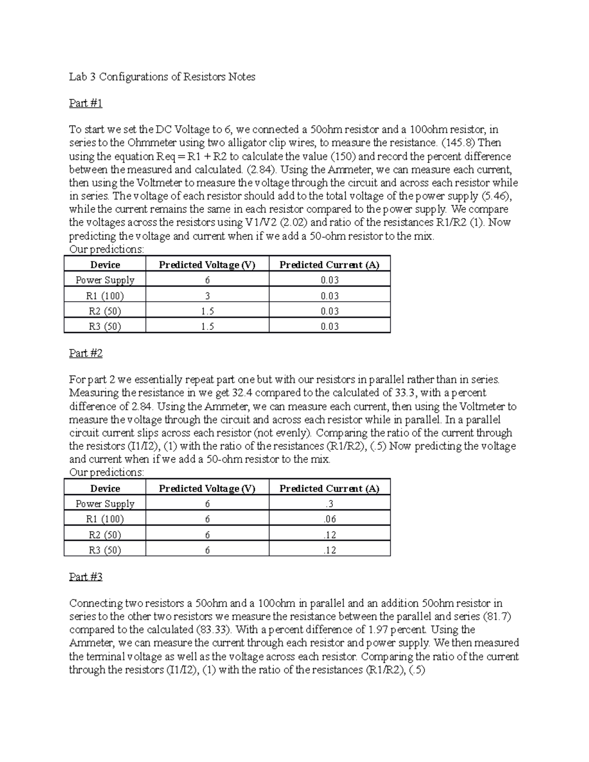 Configurations of Resistors Lab Notes Lab 3 Configurations of