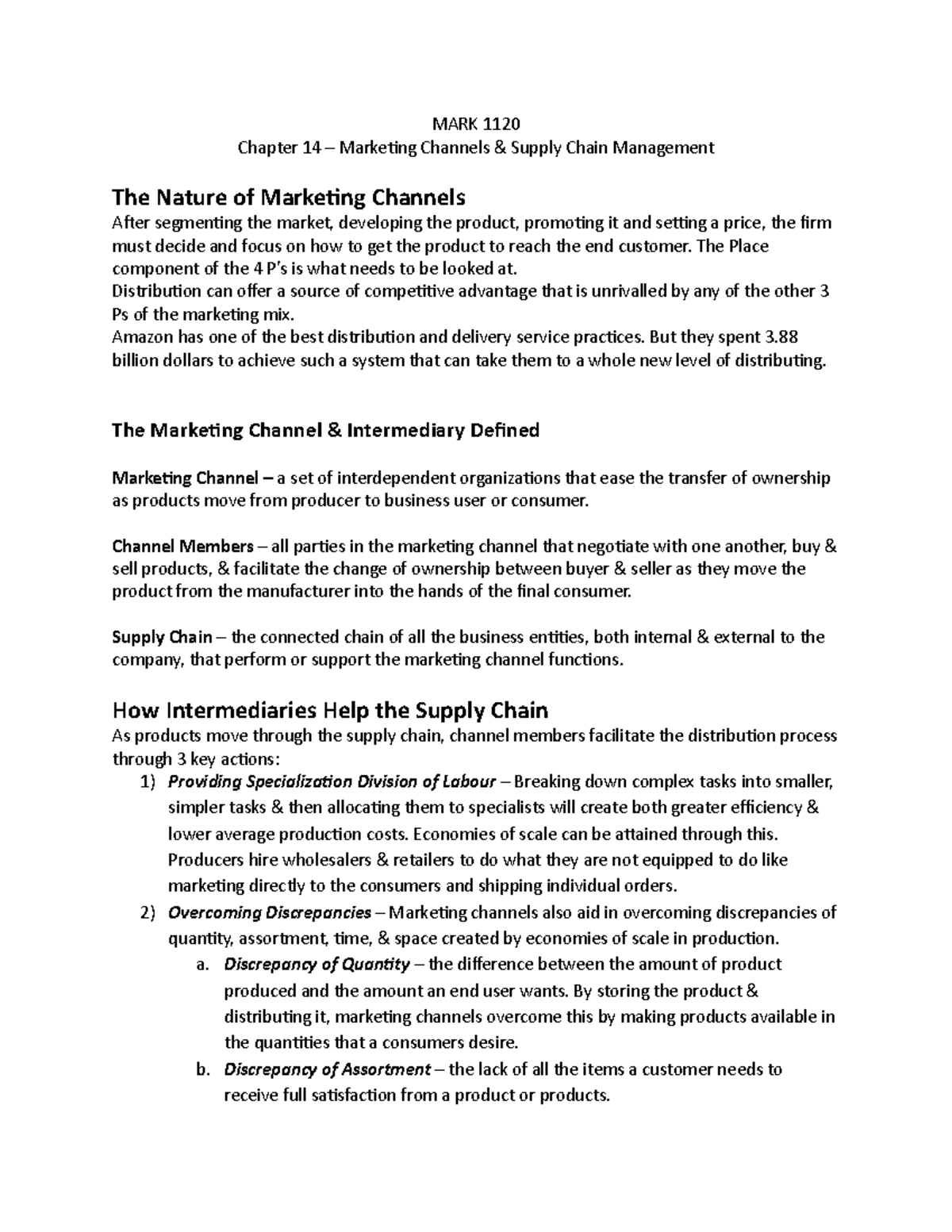 MARK Chapter 14 Notes - MARK 1120 Chapter 14 – Marketing Channels ...
