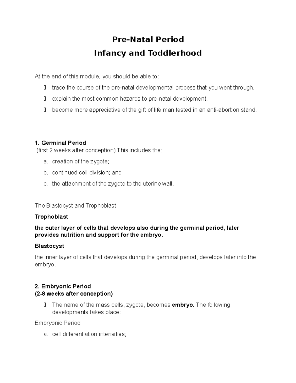 Lesson 1-PART 1 Prenatal Development - Pre-Natal Period Infancy and ...