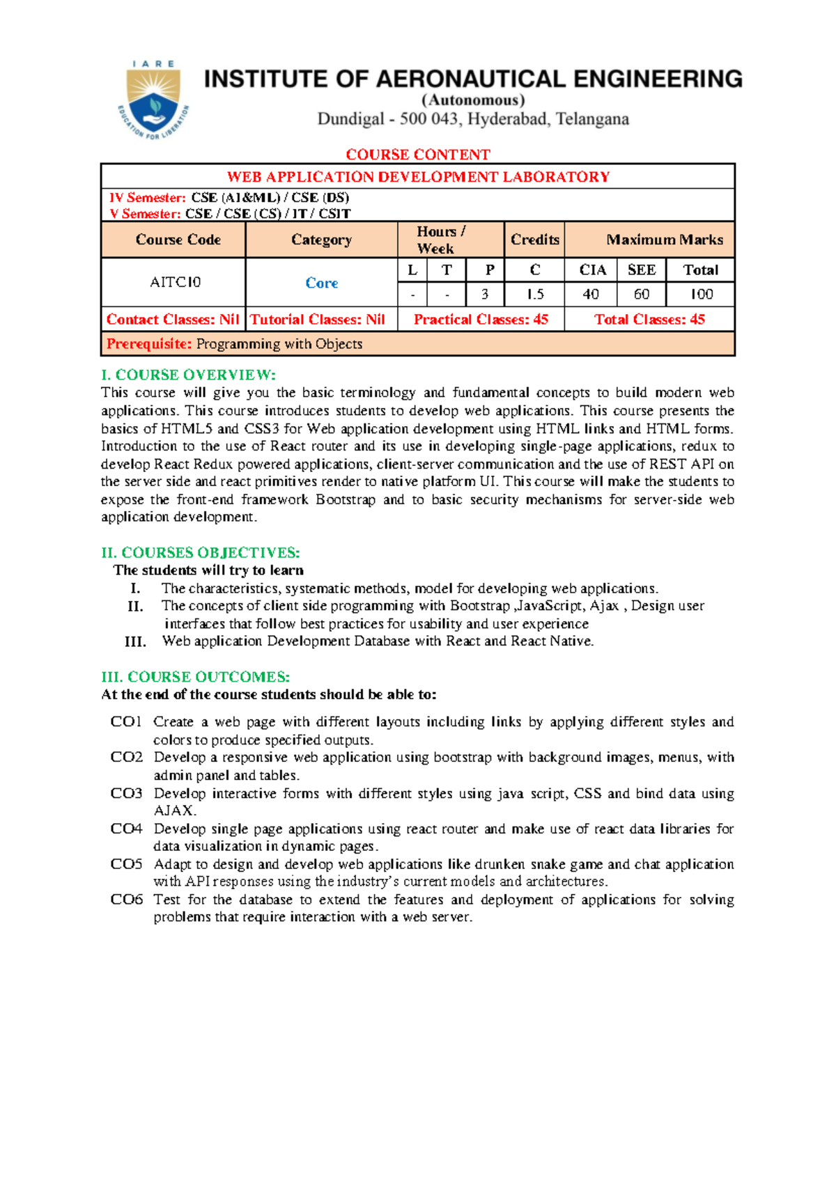 Web Application Development Laboratory - COURSE CONTENT WEB APPLICATION ...