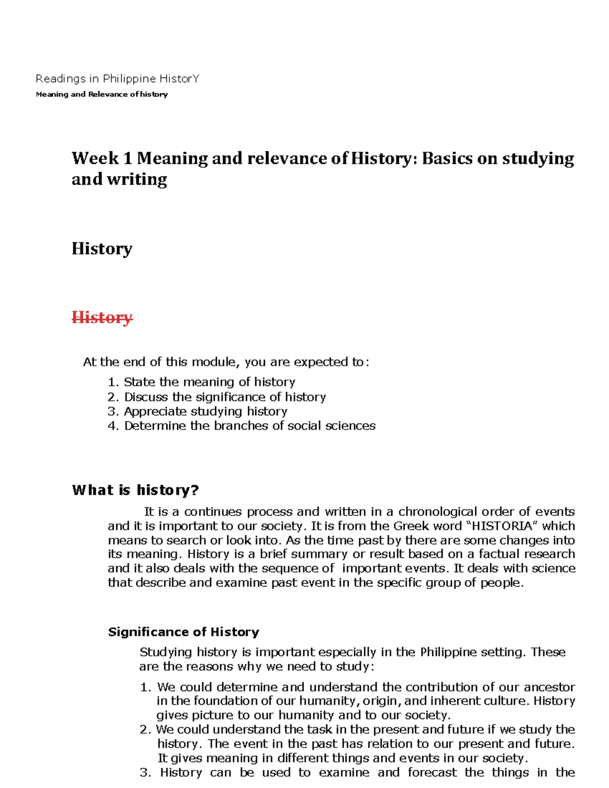 Week 1 Meaning And Relevance Of History Readings In Philippine 