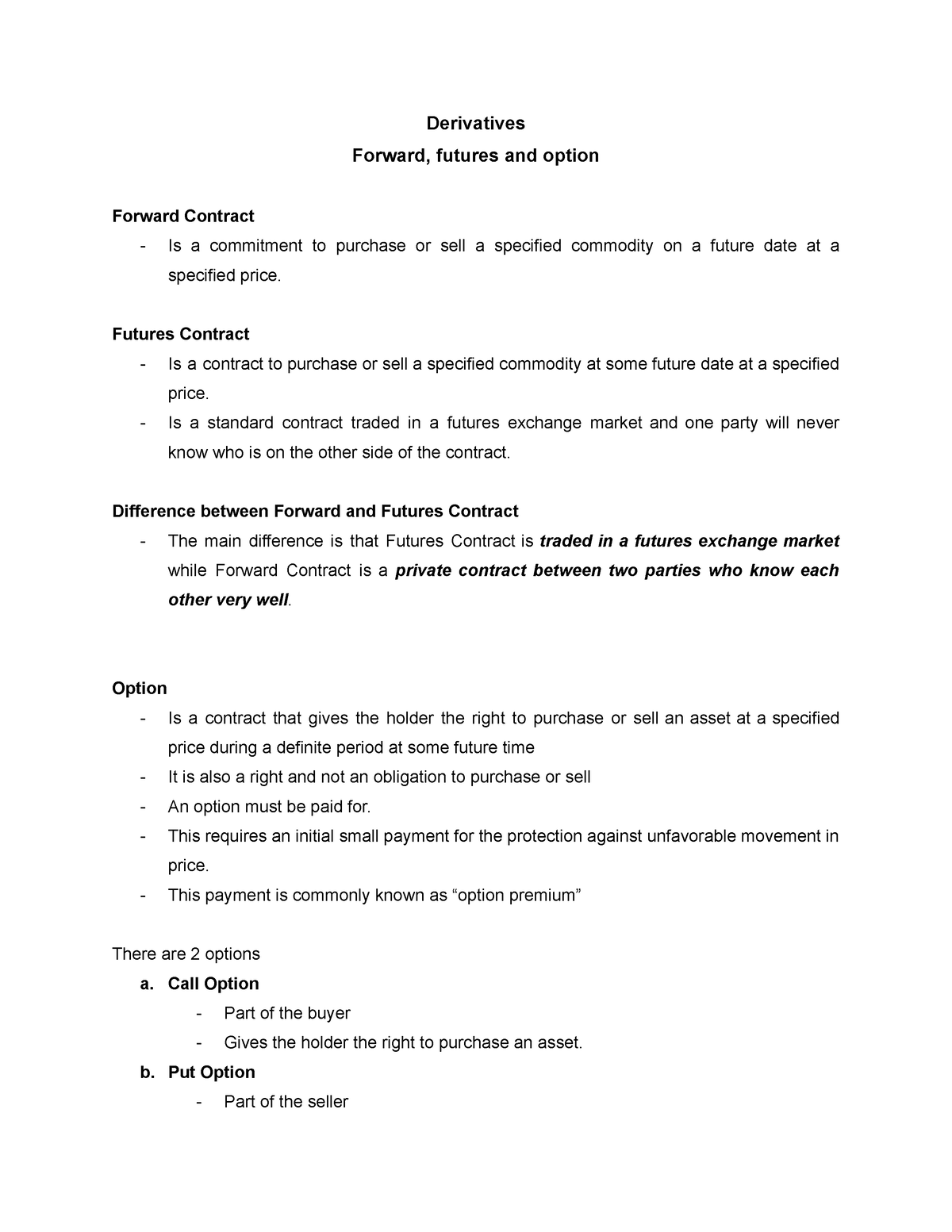 Derivatives - Derivatives Forward, Futures And Option Forward Contract ...