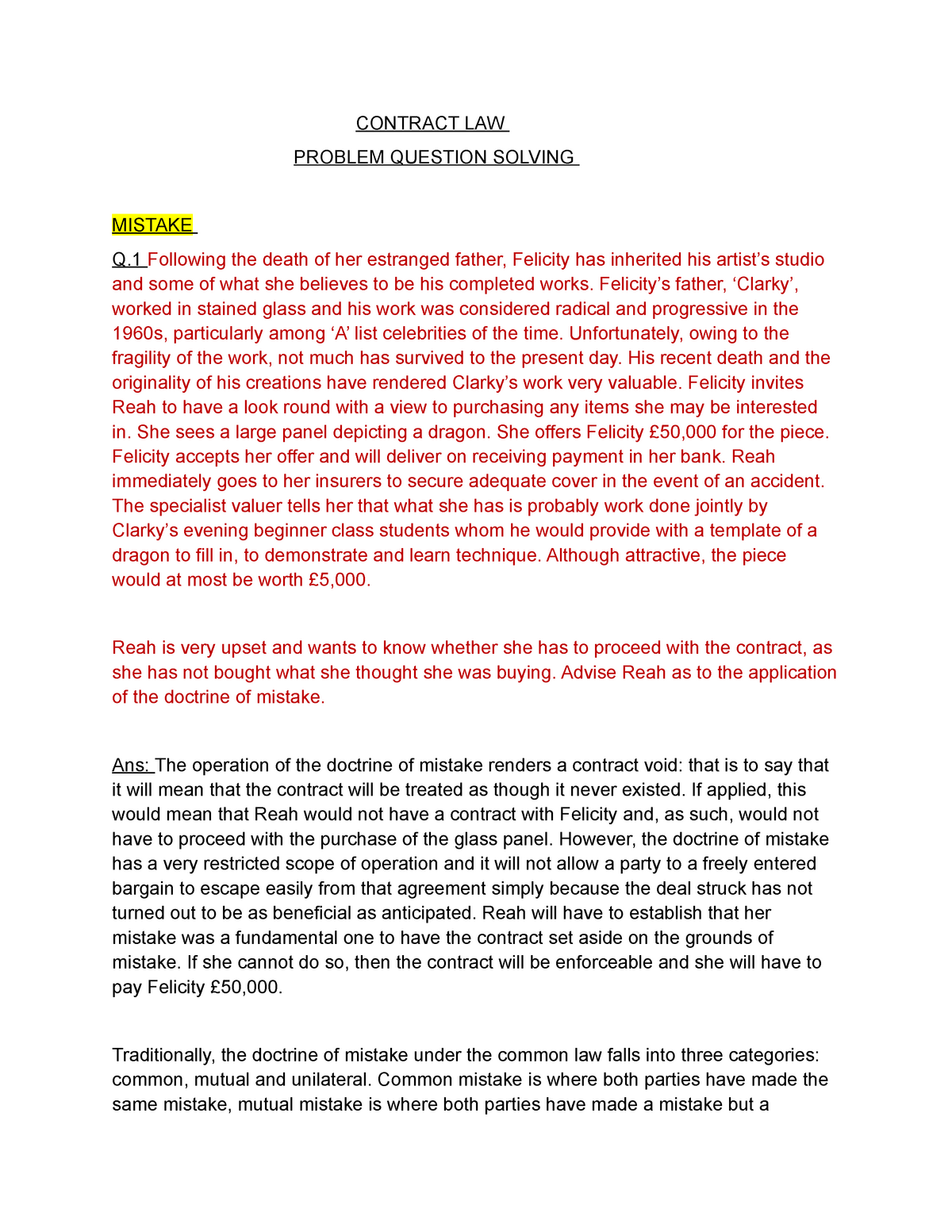 unilateral mistake contract law essay