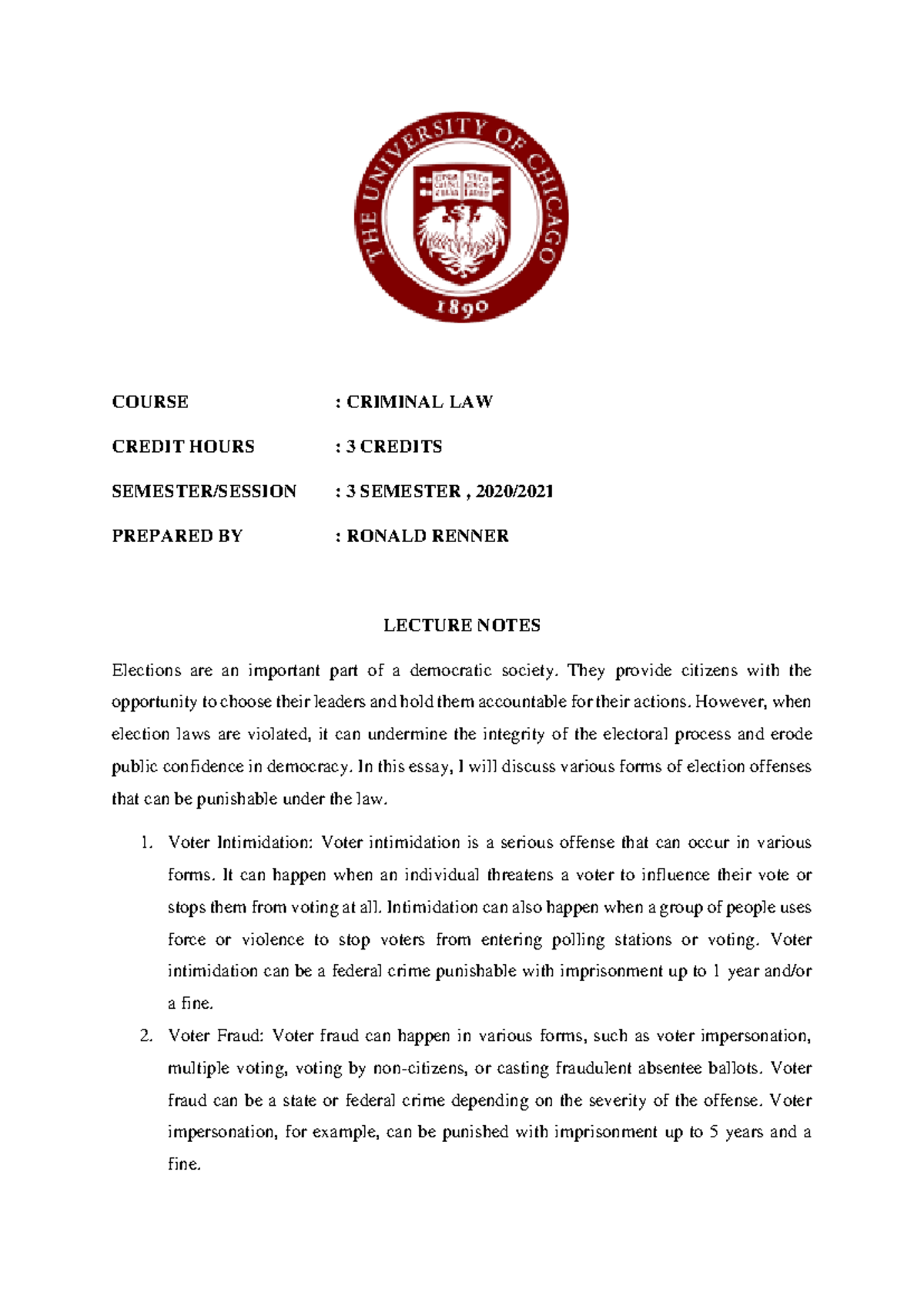 Criminal LAW lecture notes - COURSE : CRIMINAL LAW CREDIT HOURS : 3 ...