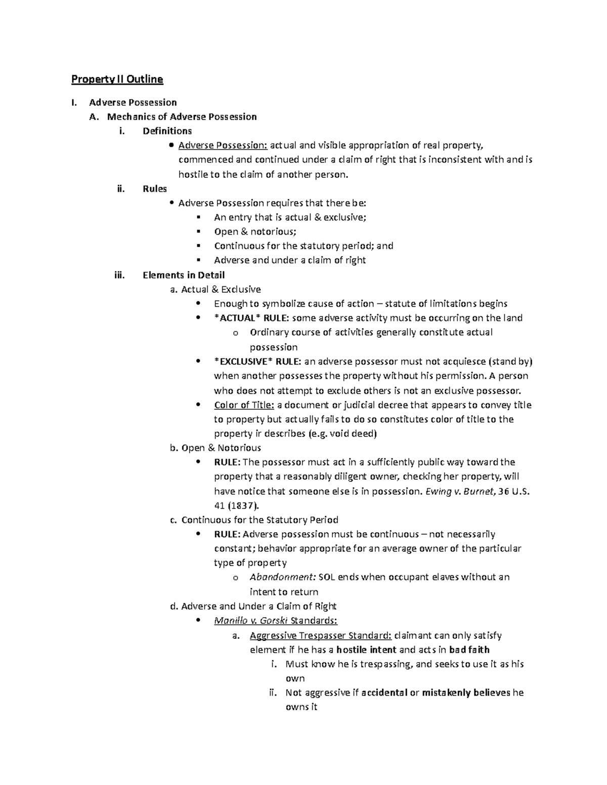 Property II Outline - Adverse Possession A. Mechanics of Adverse ...