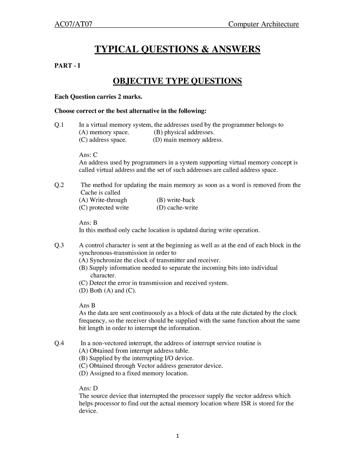 Computer Architecture - TYPICAL QUESTIONS & ANSWERS PART - I OBJECTIVE ...