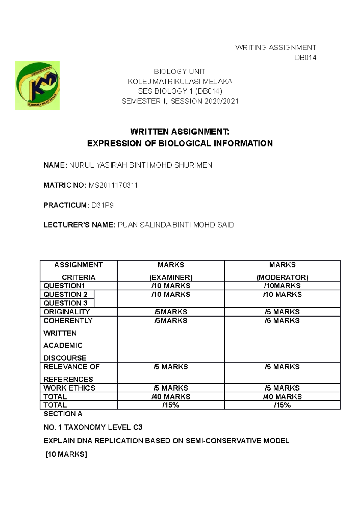 Writing Assignment Expression OF Biological Information - WRITING ...