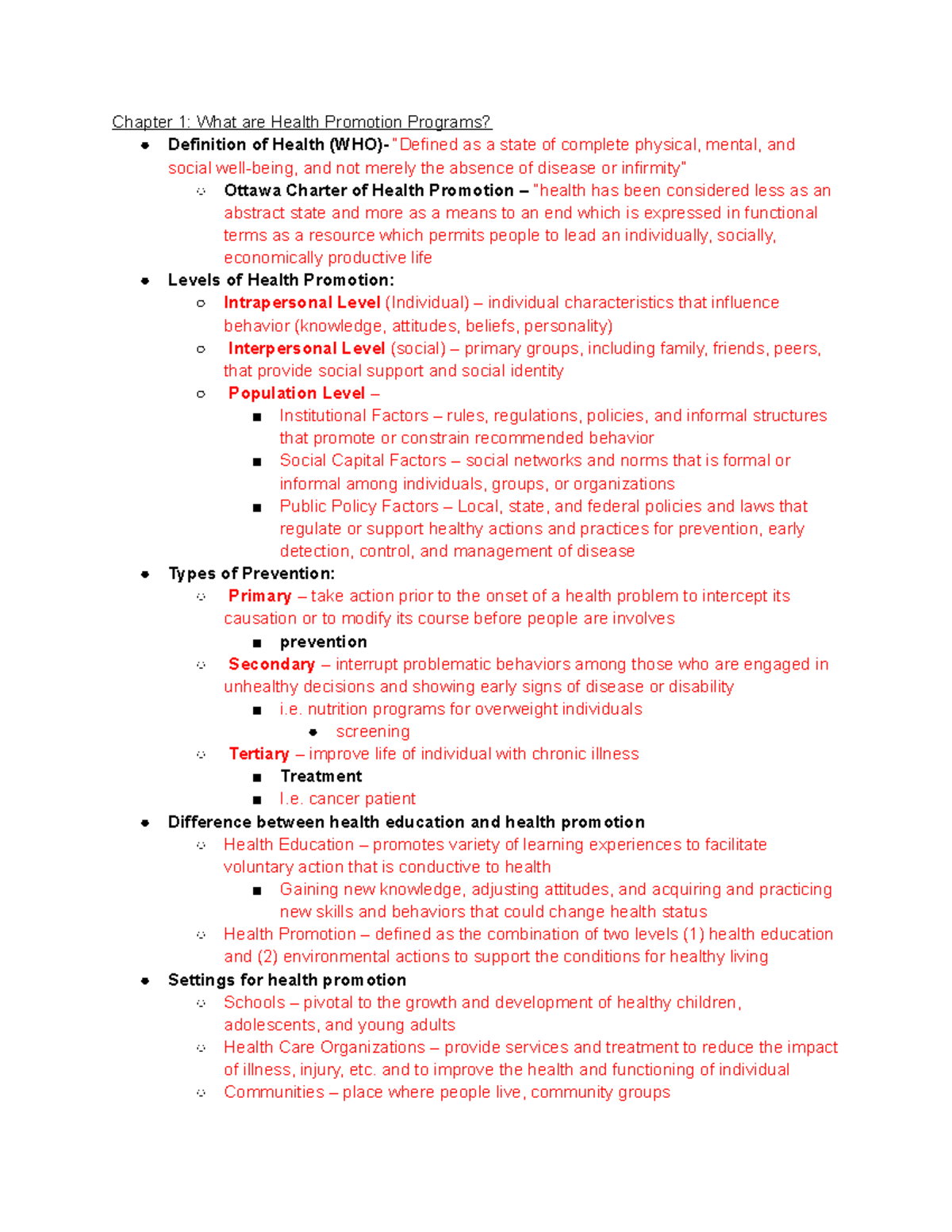 BBH 316 Exam 1 Study Guide - Chapter 1: What are Health Promotion ...