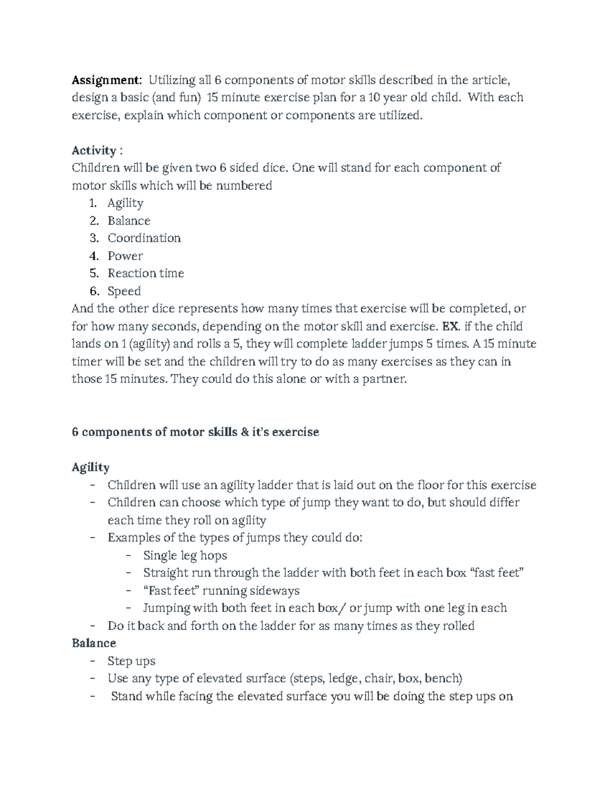 Motor Skills Fitness Exercise Plan - Assignment: Utilizing all 6 ...