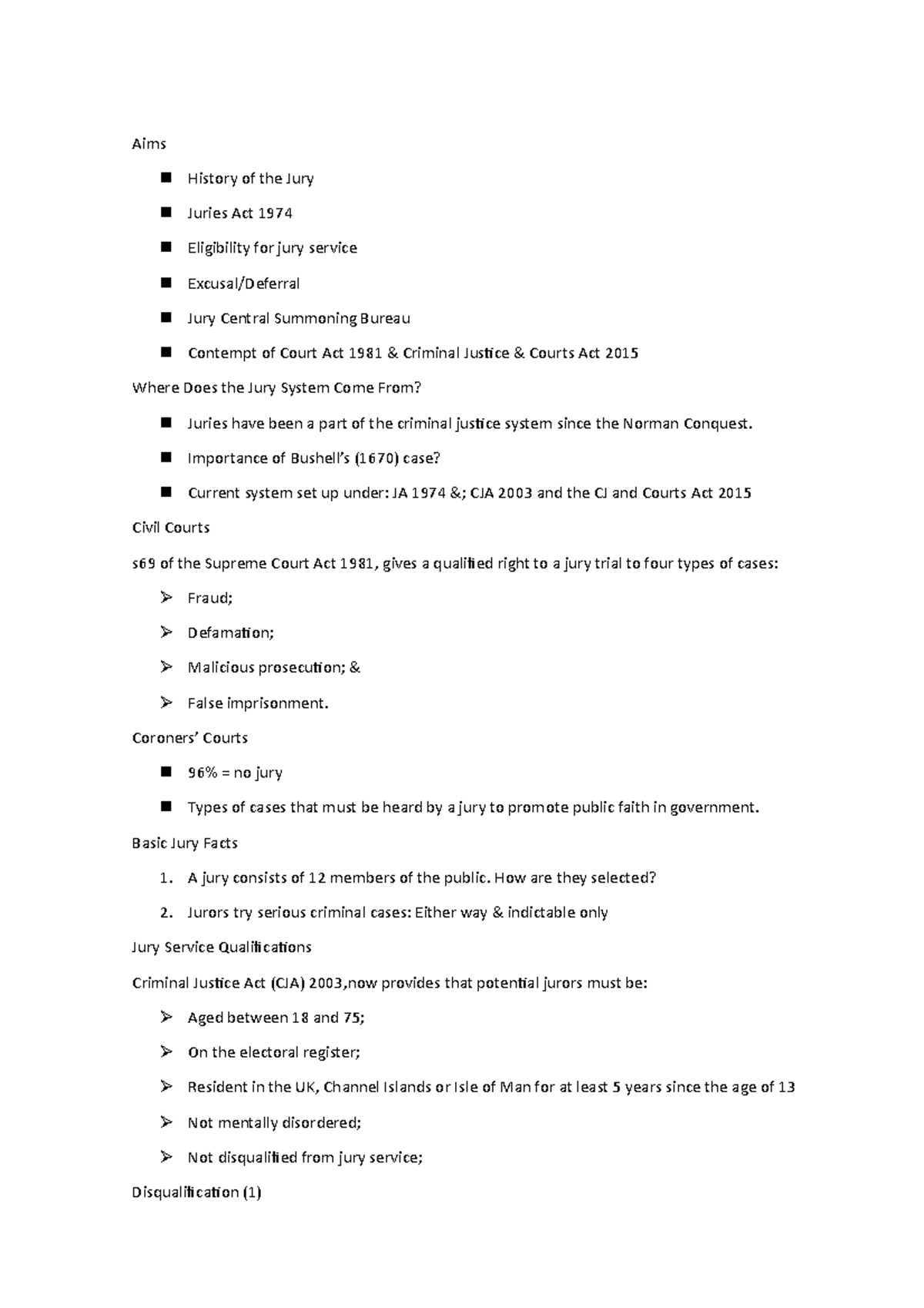 Week 8 - The Jury - Lecture notes 8 - Aims History of the Jury Juries ...
