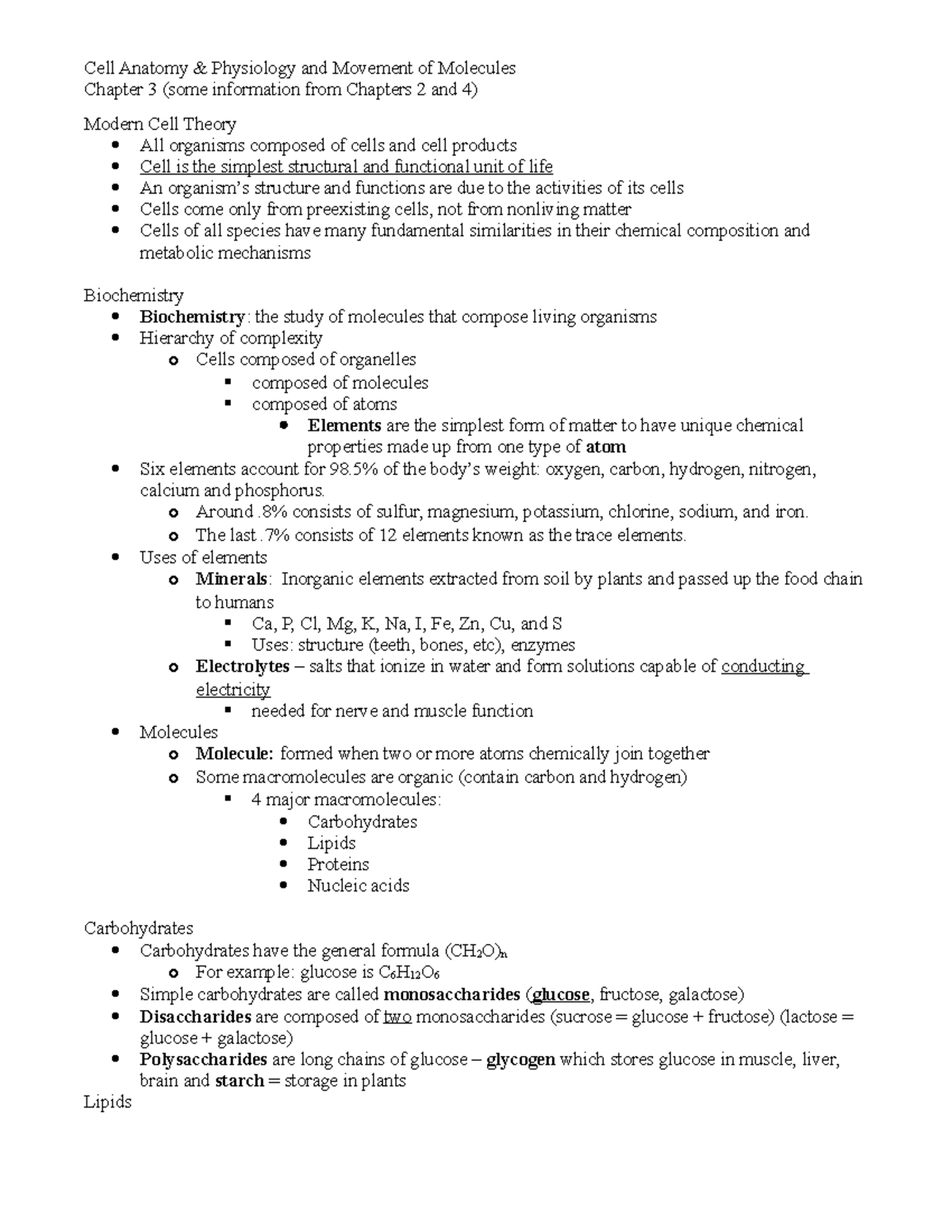 Lecture 2-5 Cells and Movement of Molecules Student Notes - Chapter 3 ...