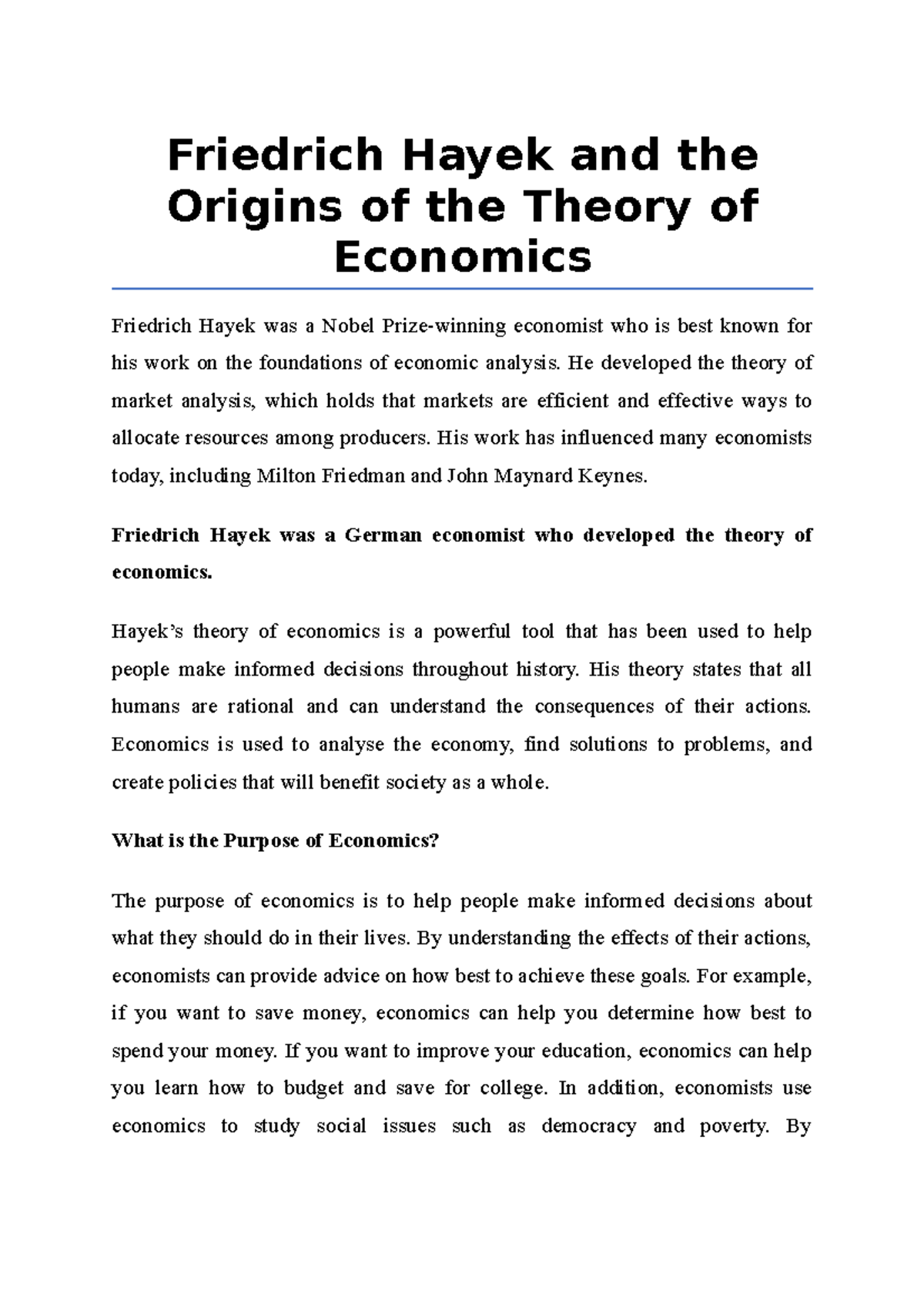 Friedrich Hayek and the Origins of the Theory of Econ omics - Friedrich ...