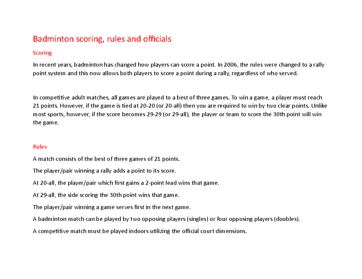 Badminton scoring and rules Badminton scoring, rules and officials