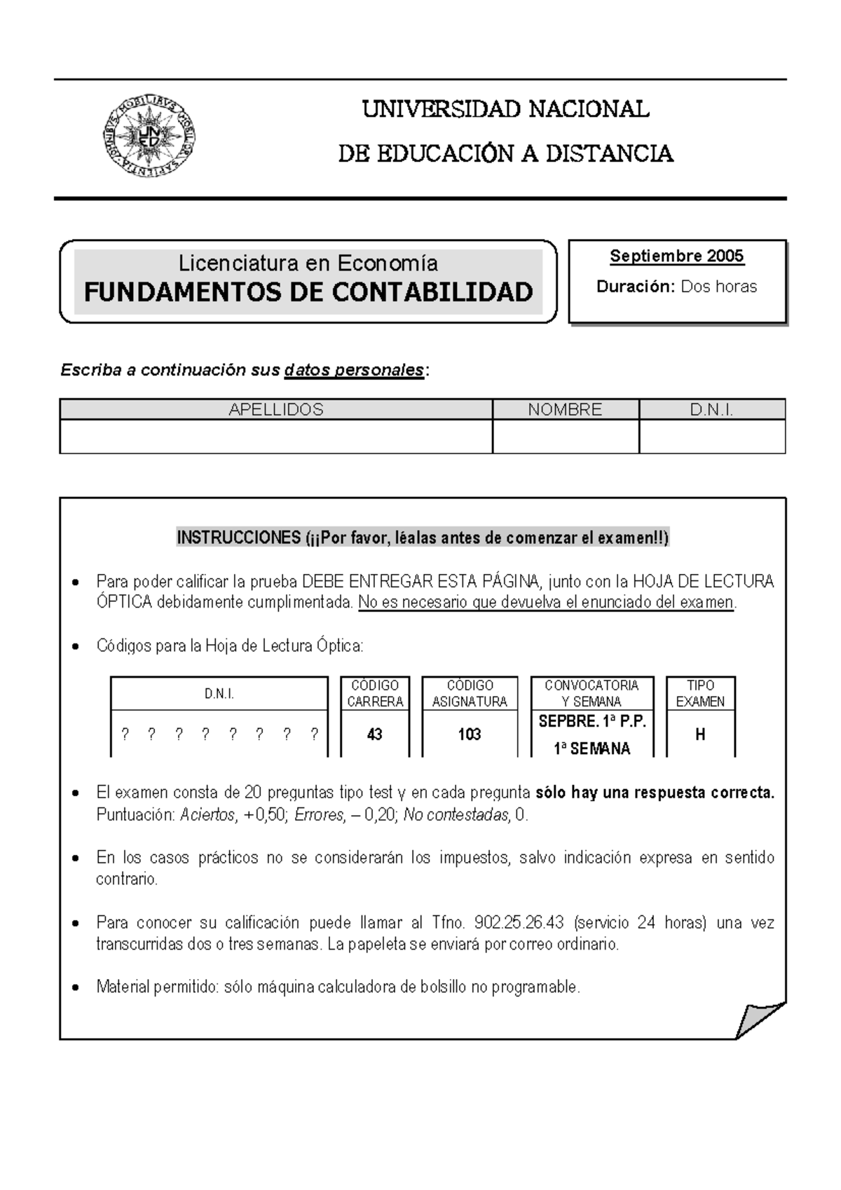 Examen Conta Uned Universidad Nacional De Educación A Distancia