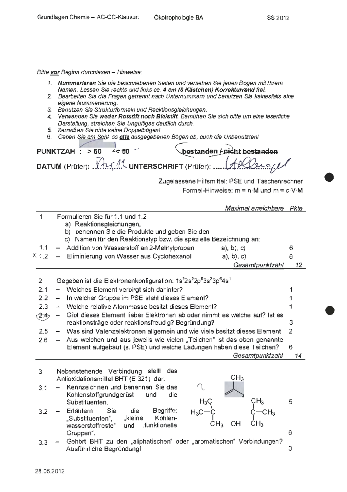 Chemie Abitur Aufgaben Mit Lösungen 2 Grundlagen der Chemie SS12 - Grundlagen Chemie - AC-OC-Klausur