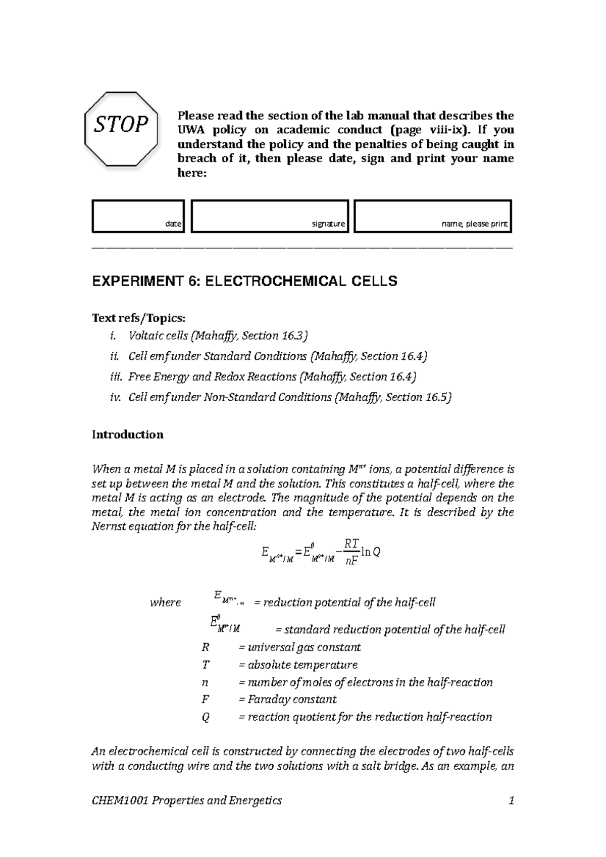 Lab 6Electrochemical cells Please read the section of the lab manual