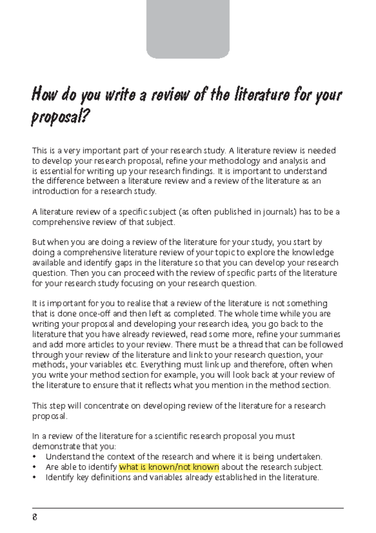 How to write a review of the literature for your proposal 8 How do