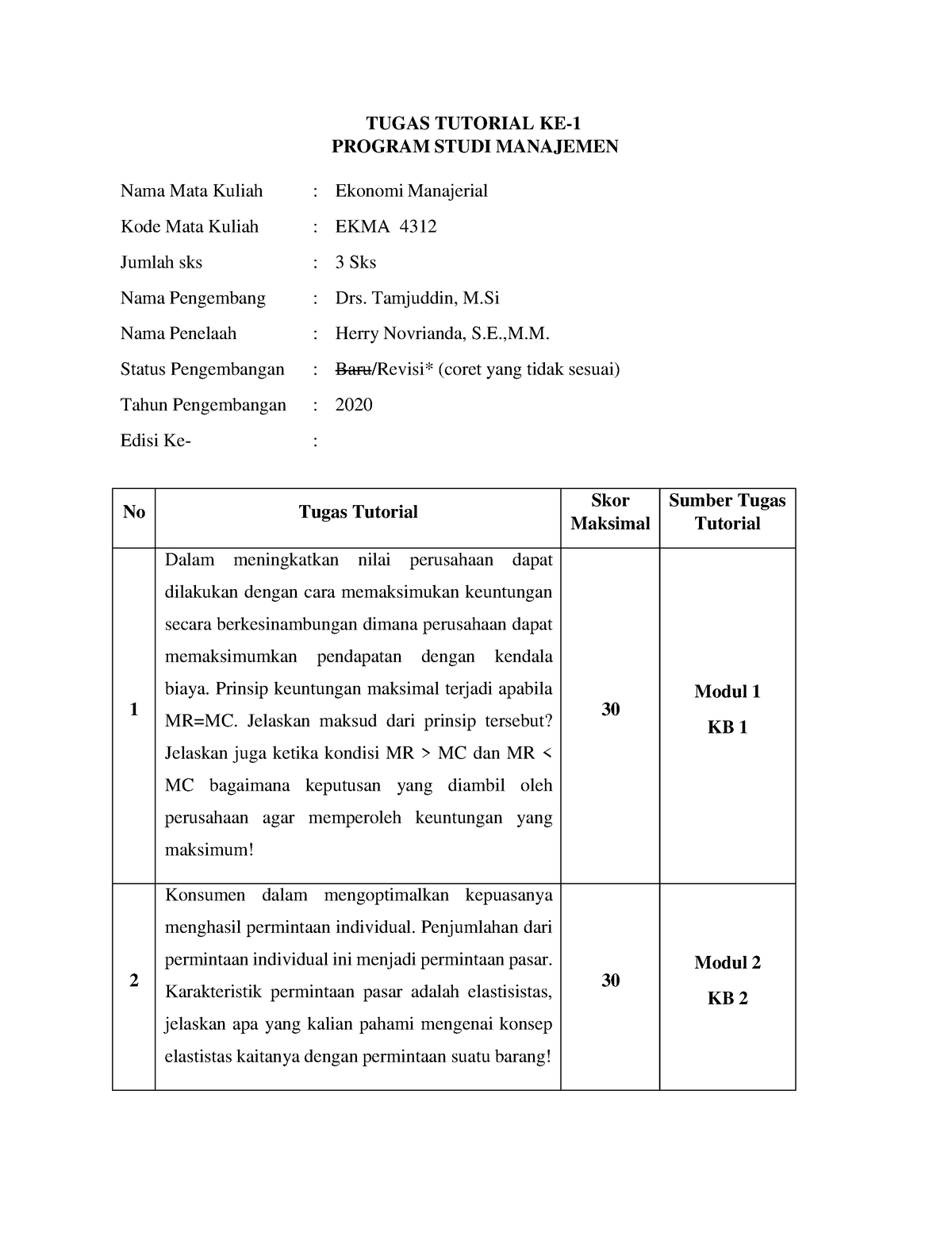 Tugas 1 Ekonomi Manejerial - TUGAS TUTORIAL KE- PROGRAM STUDI MANAJEMEN ...