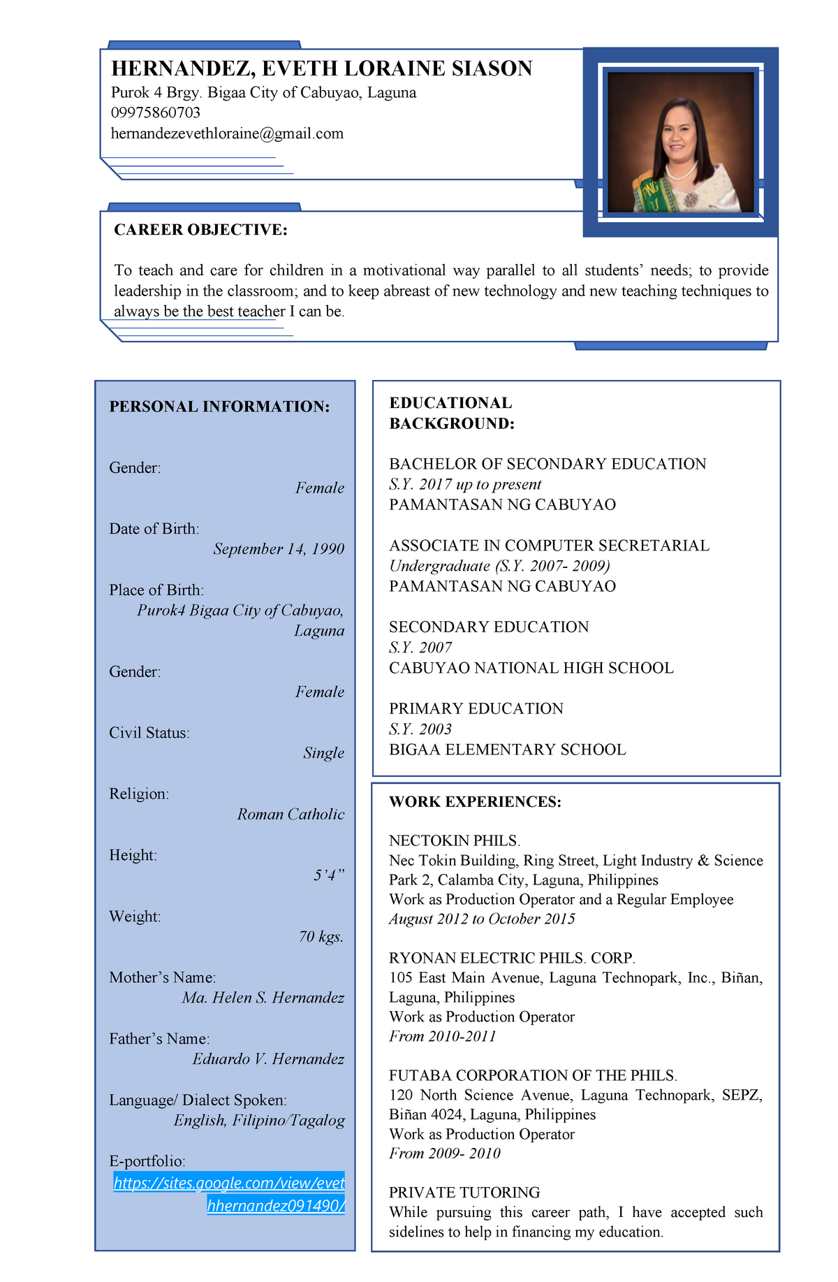 sample resume for teacher applicant philippines