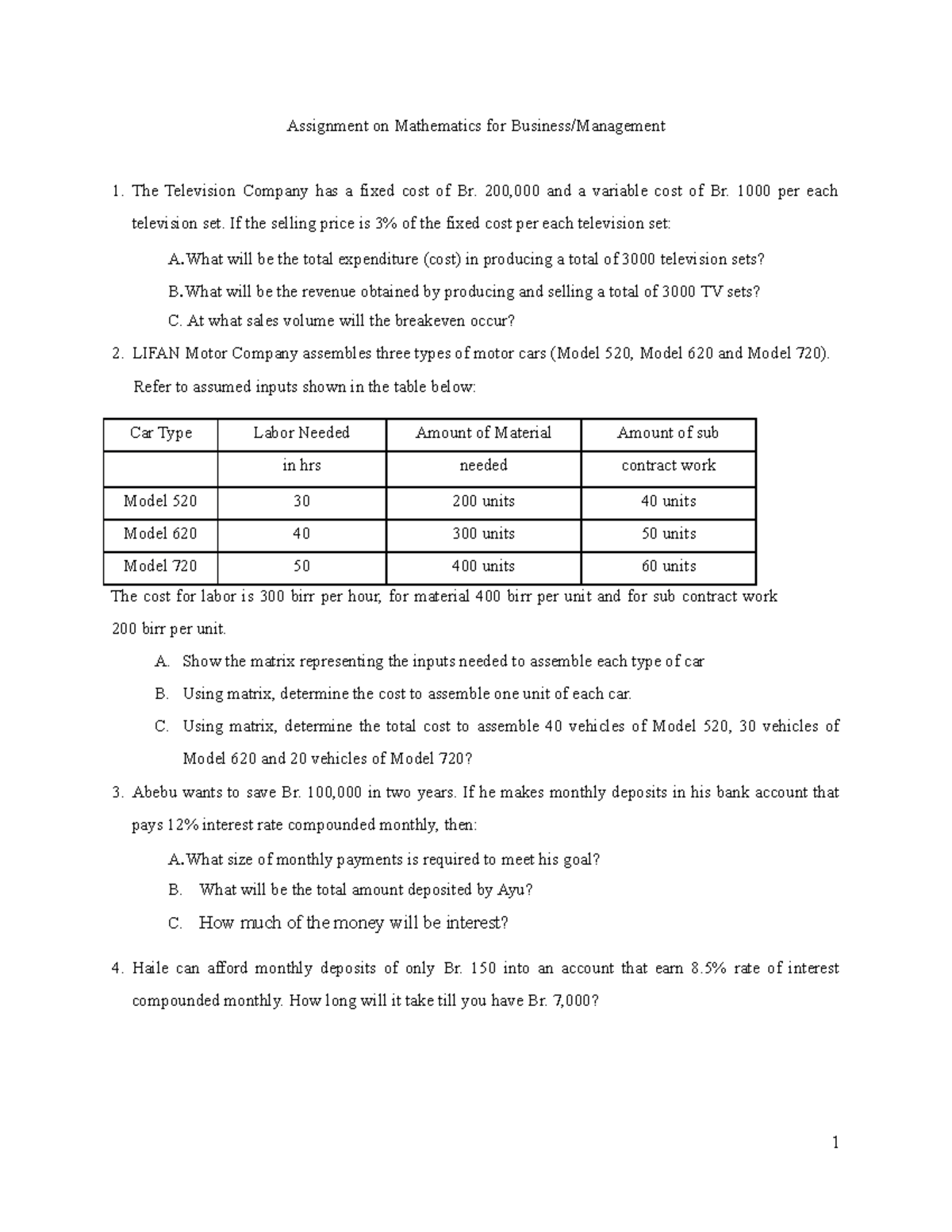 assignment business math