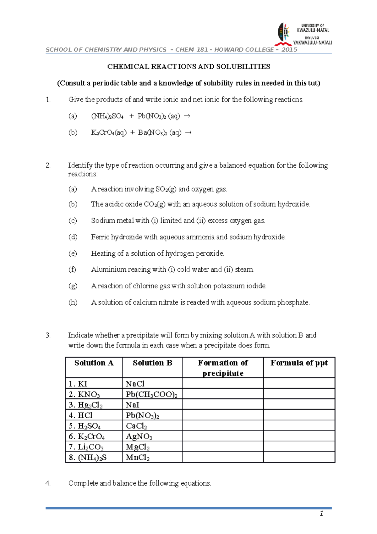 Tutorial 3 - Chemical Reactions - 1 SCHOOL OF CHEMISTRY AND PHYSICS ...