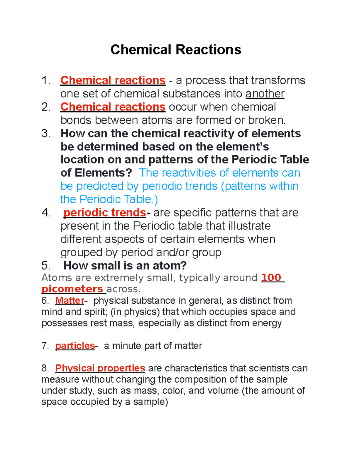 Chemical reactions List of terms for coursework Chemical Reactions