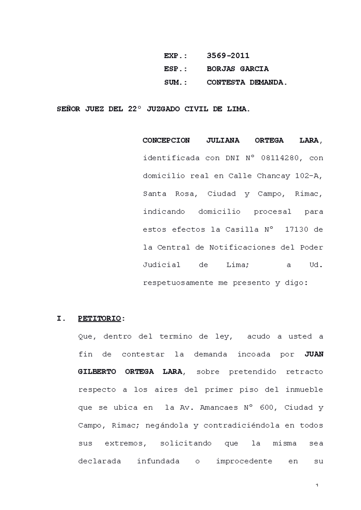 Contesta Demanda Retracto - EXP.: 3569- ESP.: BORJAS GARCIA SUM ...