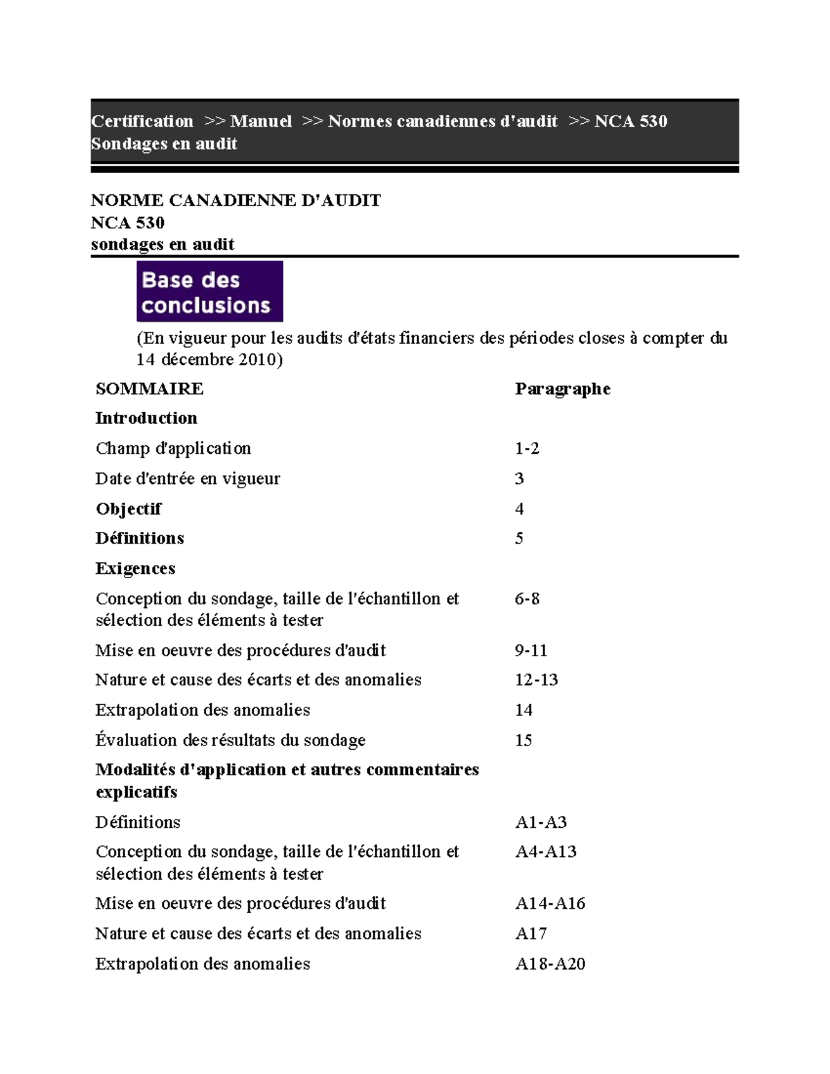 NCA 530 Sondage - audit - Certification >> Manuel >> Normes canadiennes ...