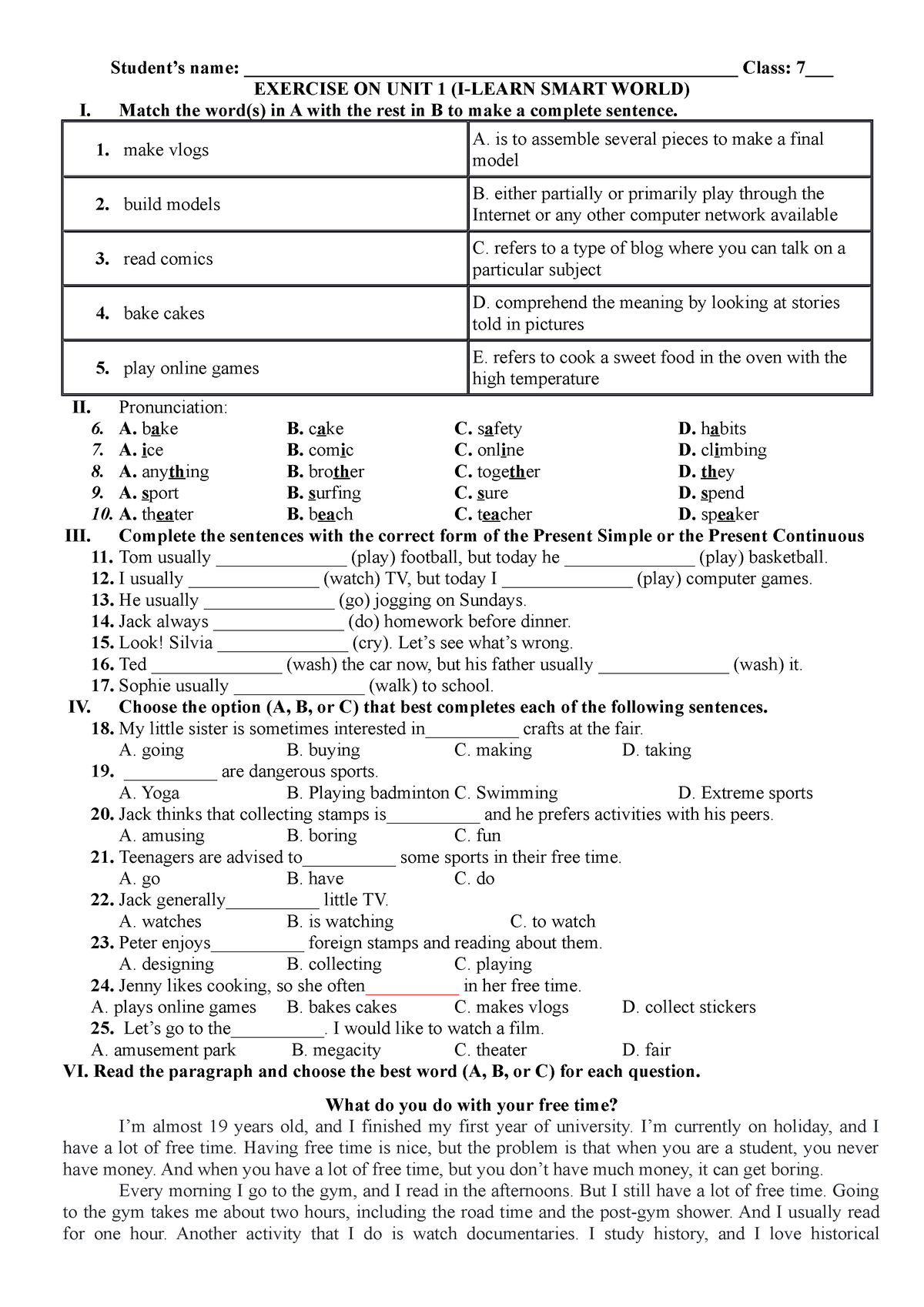 tiếng anh 7 smart world workbook unit 1 lesson 2