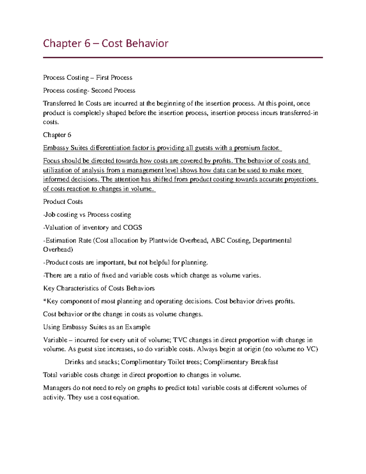 ACC Chapter 6 - Summary Managerial Accounting II - Chapter 6 – Cost ...